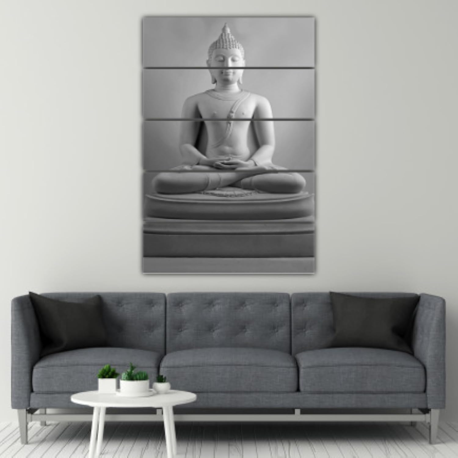 Full view of the multi-panel Buddha Wall Art arranged on a neutral living room wall, highlighting its 150x76cm span.