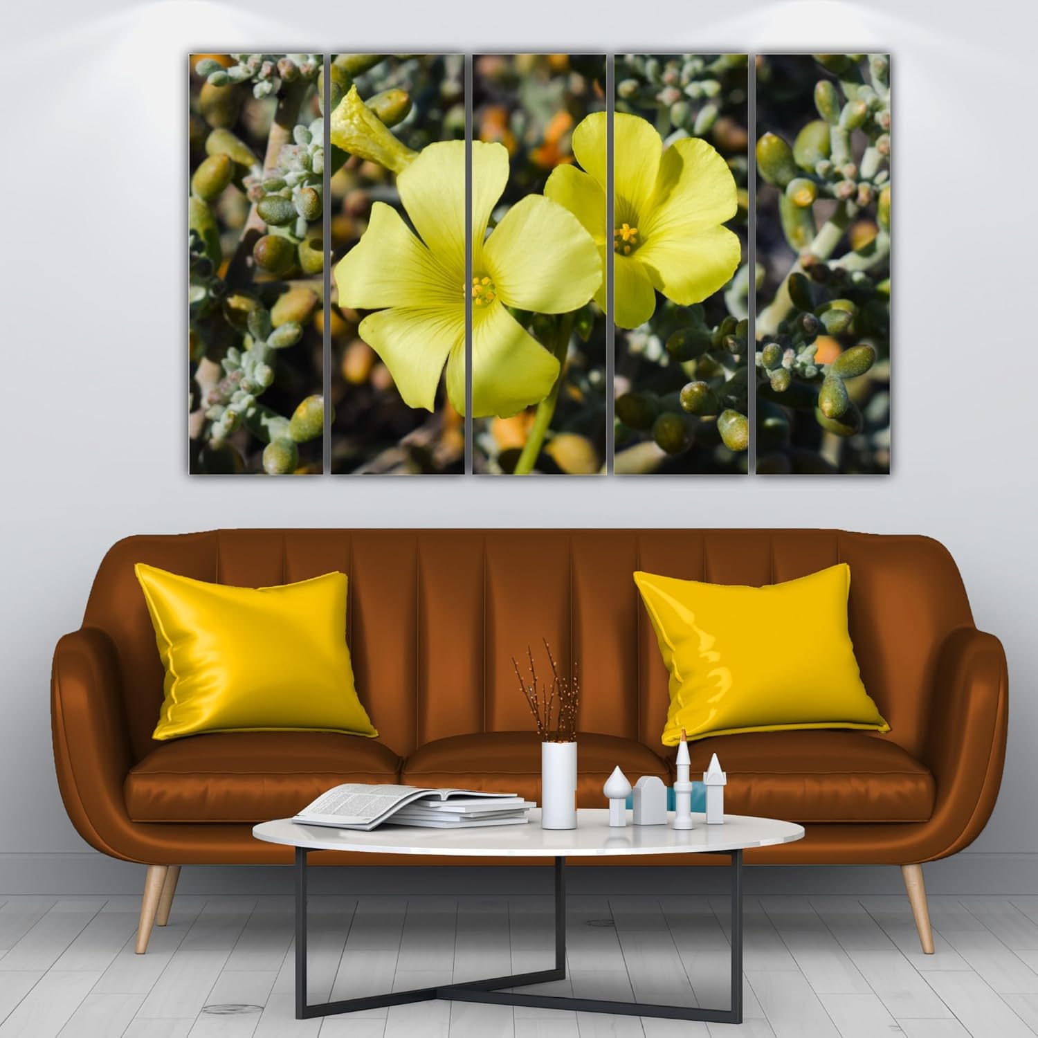 Vibrant flower photography printed on five MDF frames for a splash-proof wall art statement.