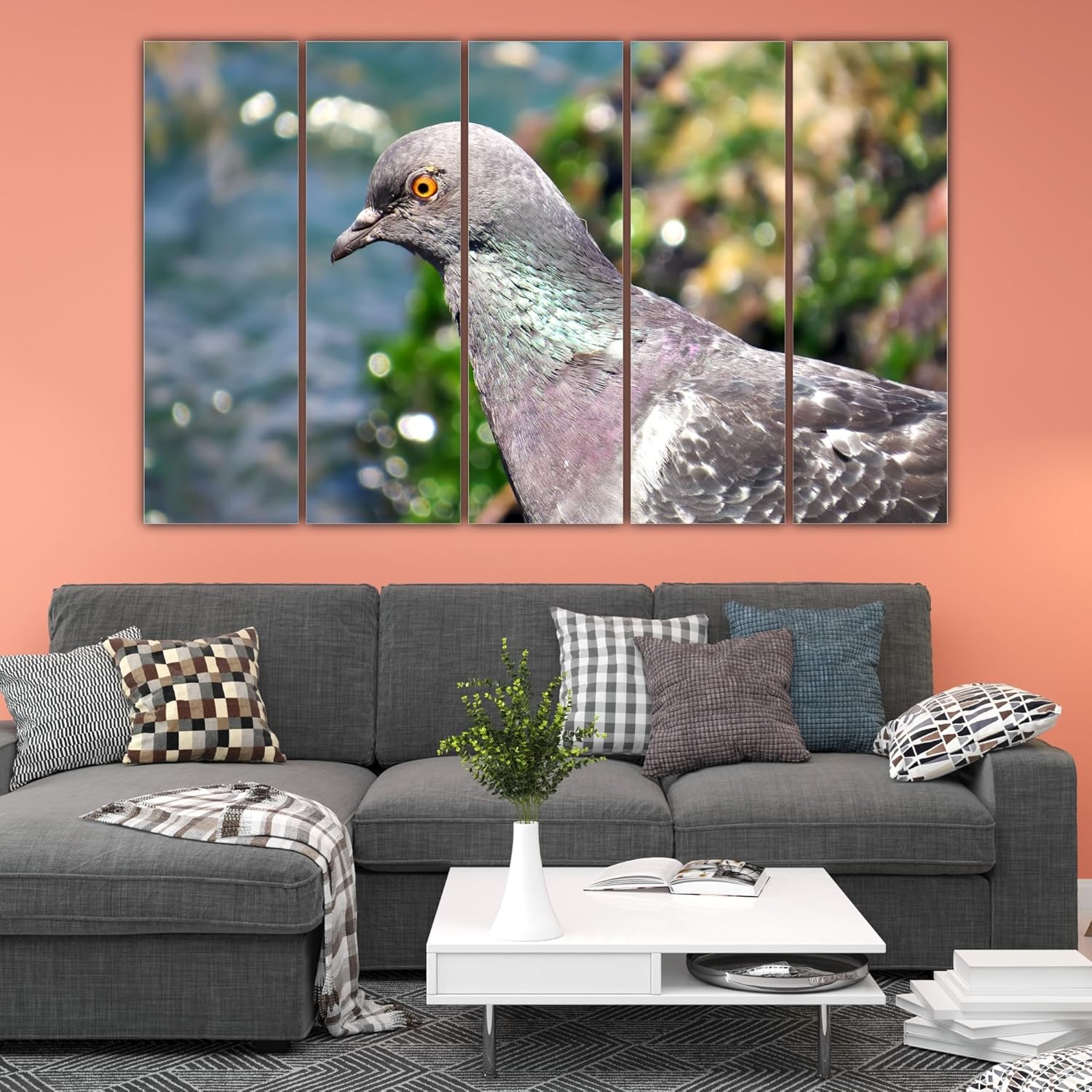 Close-up of vibrant bird prints in the Feather-tastic Framed Bird Bonanza Wall Art