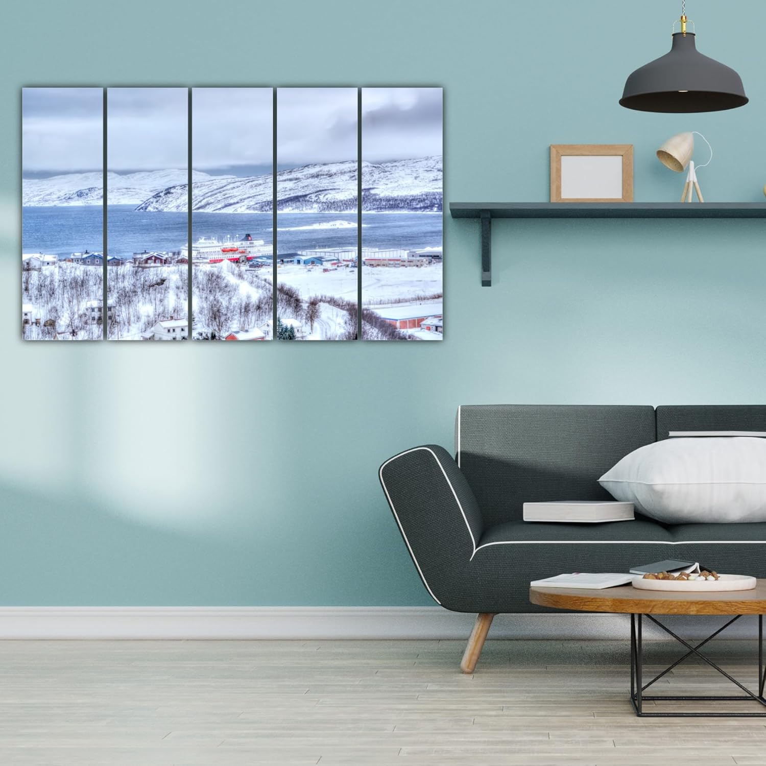 Rooting for Nature: 5-Panel Framed Wall Art installed above a sofa, adding vibrant greenery to a modern living room.