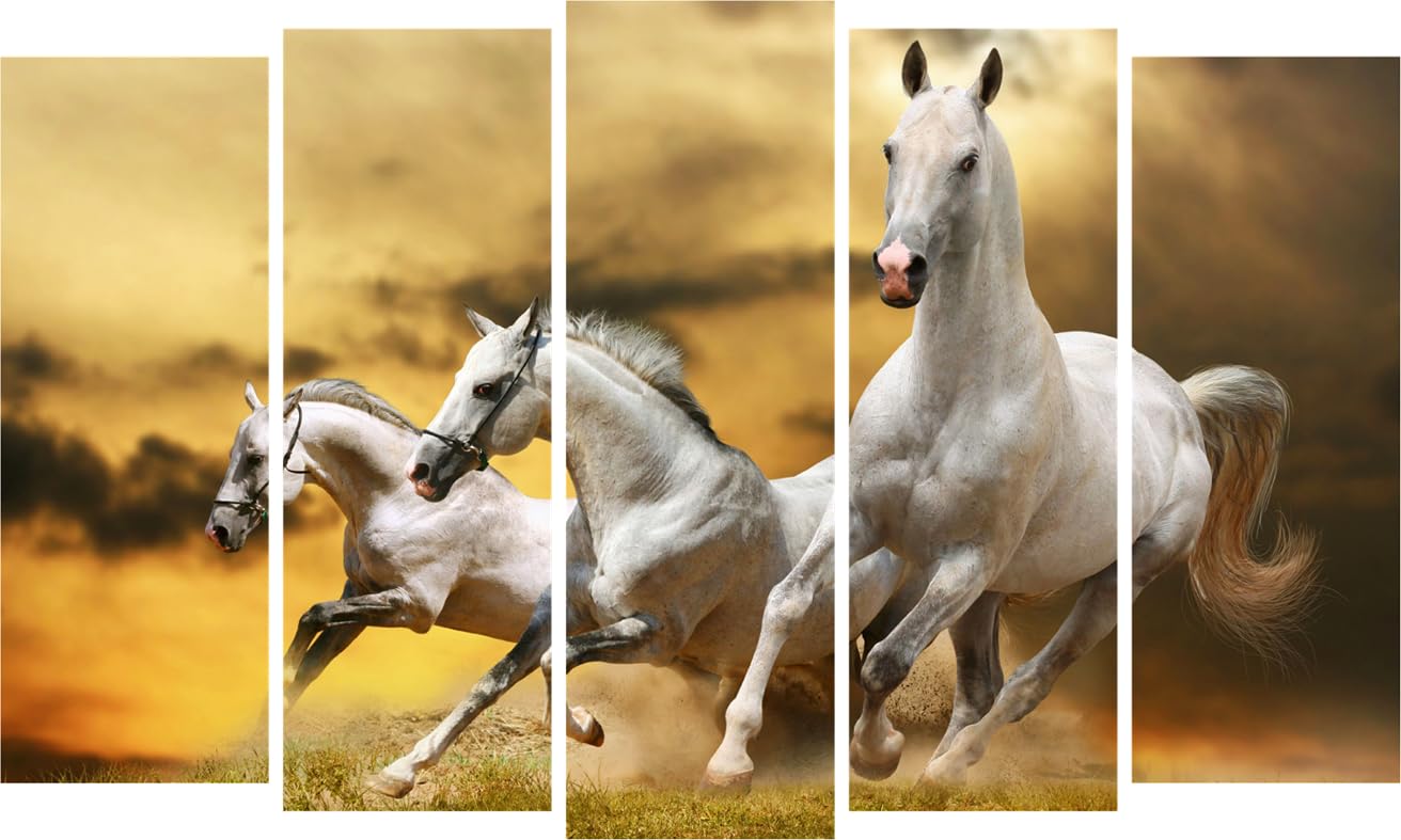 Gallop into Good Vibes: Red Vinyl Horses Vastu Framed Wall Art displayed above a white sofa