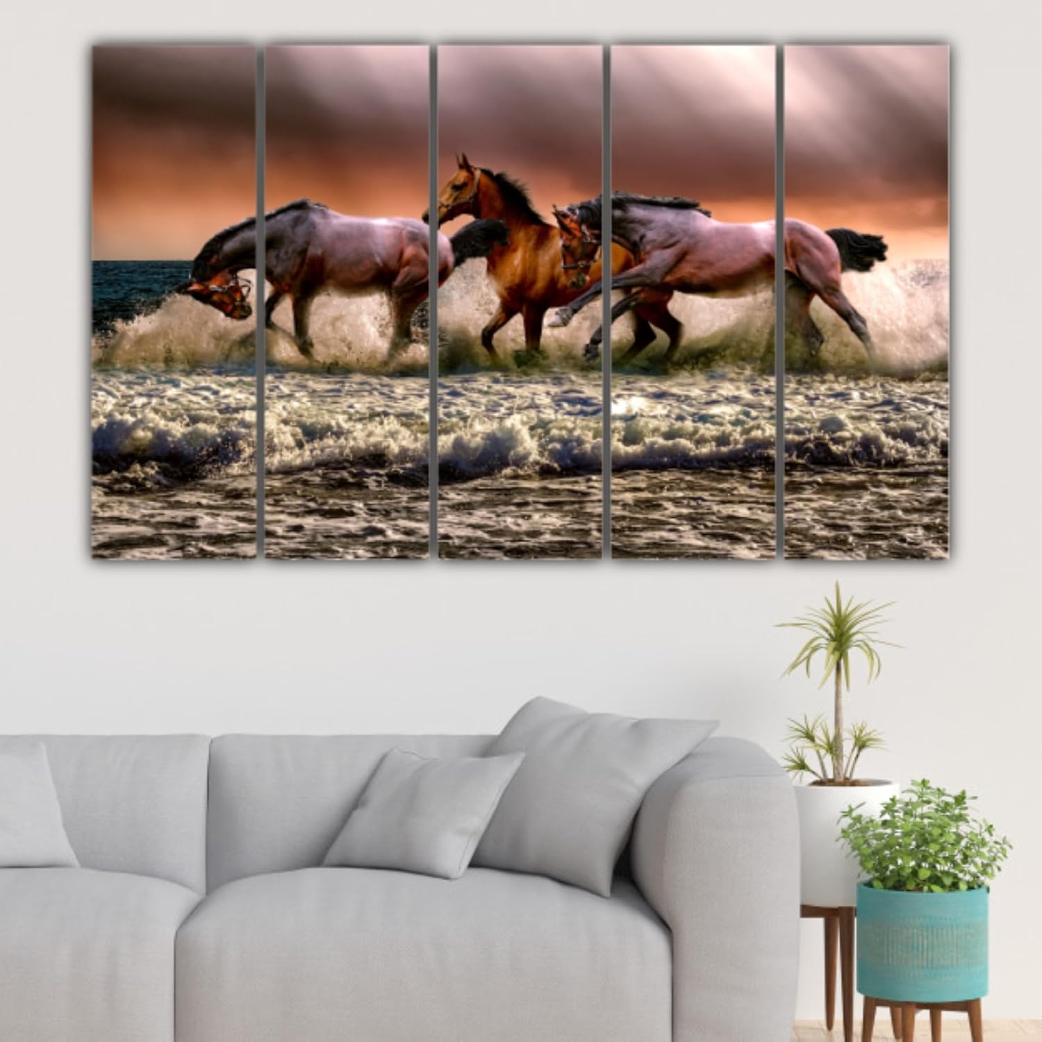 Close-up of Gallop Into Good Vibes: Framed Multi-Panel Horse Vastu Wall Art highlighting vibrant splash-proof prints.