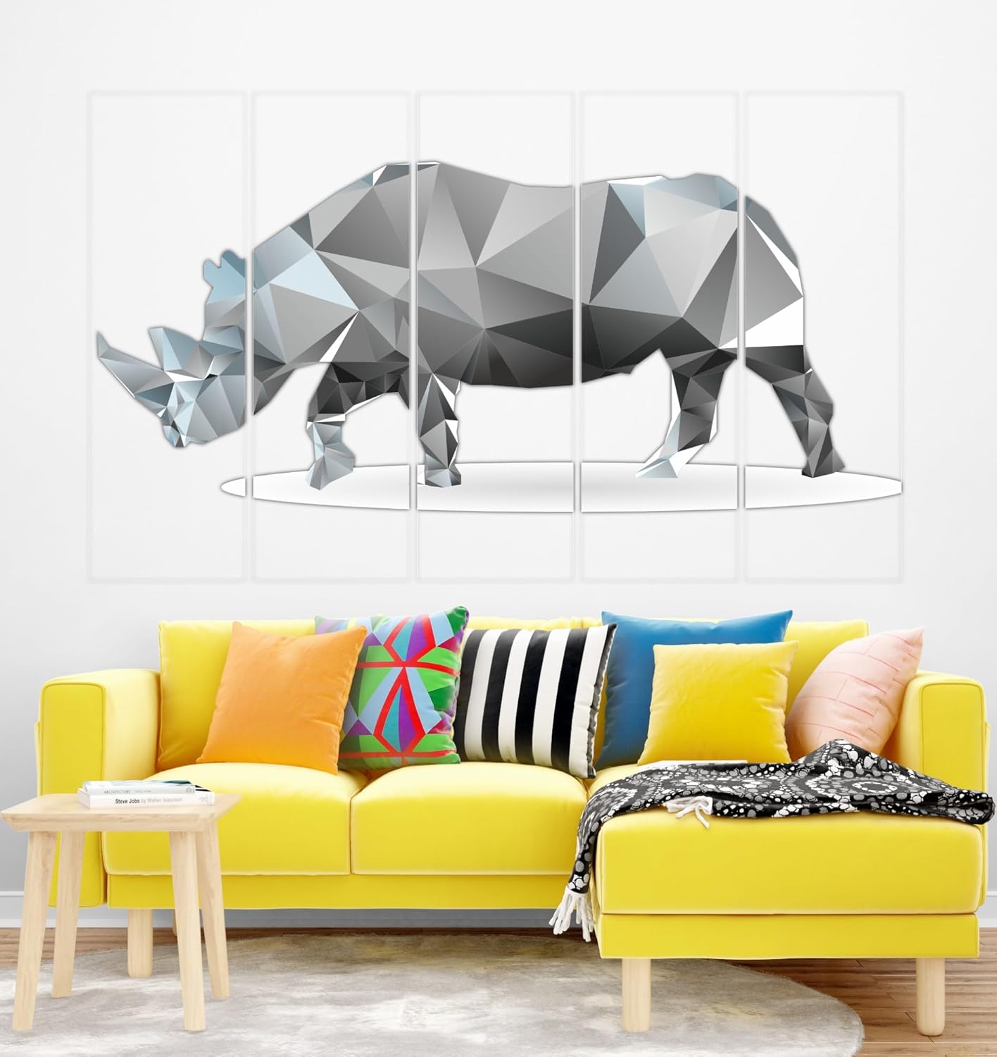 Close-up of grey polygon rhino on multi-frame wall art panels.
