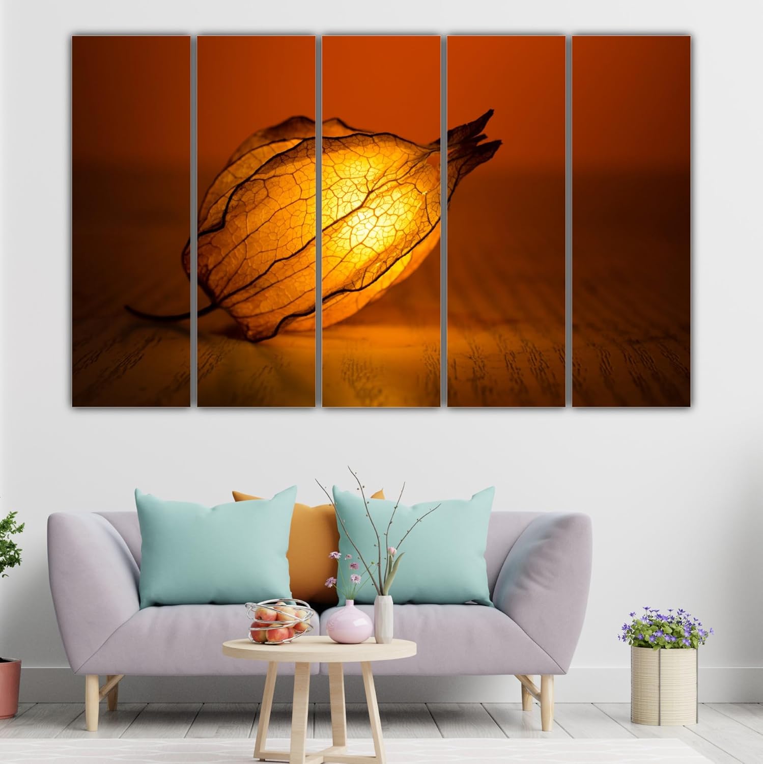 Bloom Boom: Light Up Your Space with This Multi-Frame Framed Photography Wall Art hung above a modern sofa