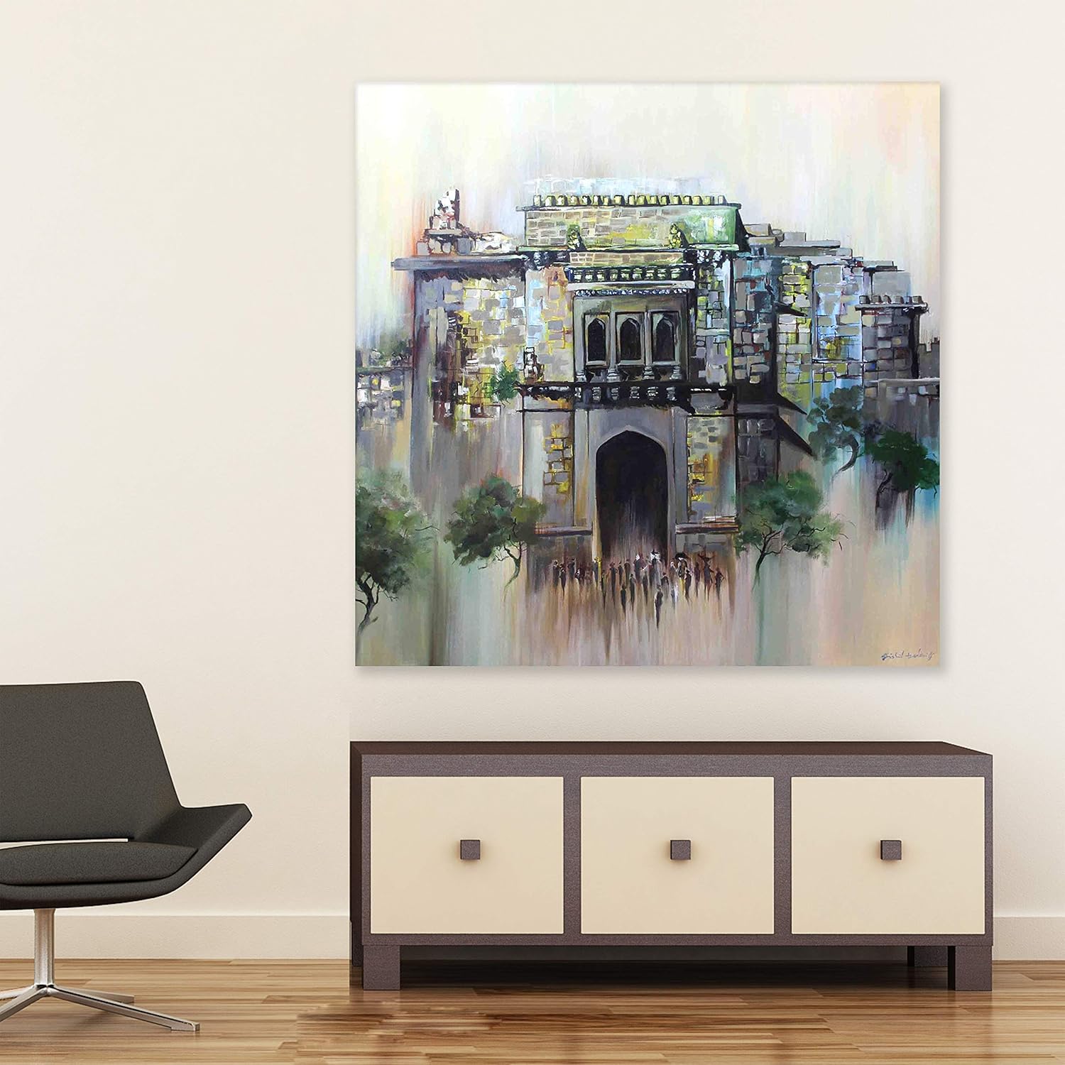 Metropolis Unframed Wall Art That'll Open Your Windows to Wonder (91x91cm) displayed on a modern living room wall
