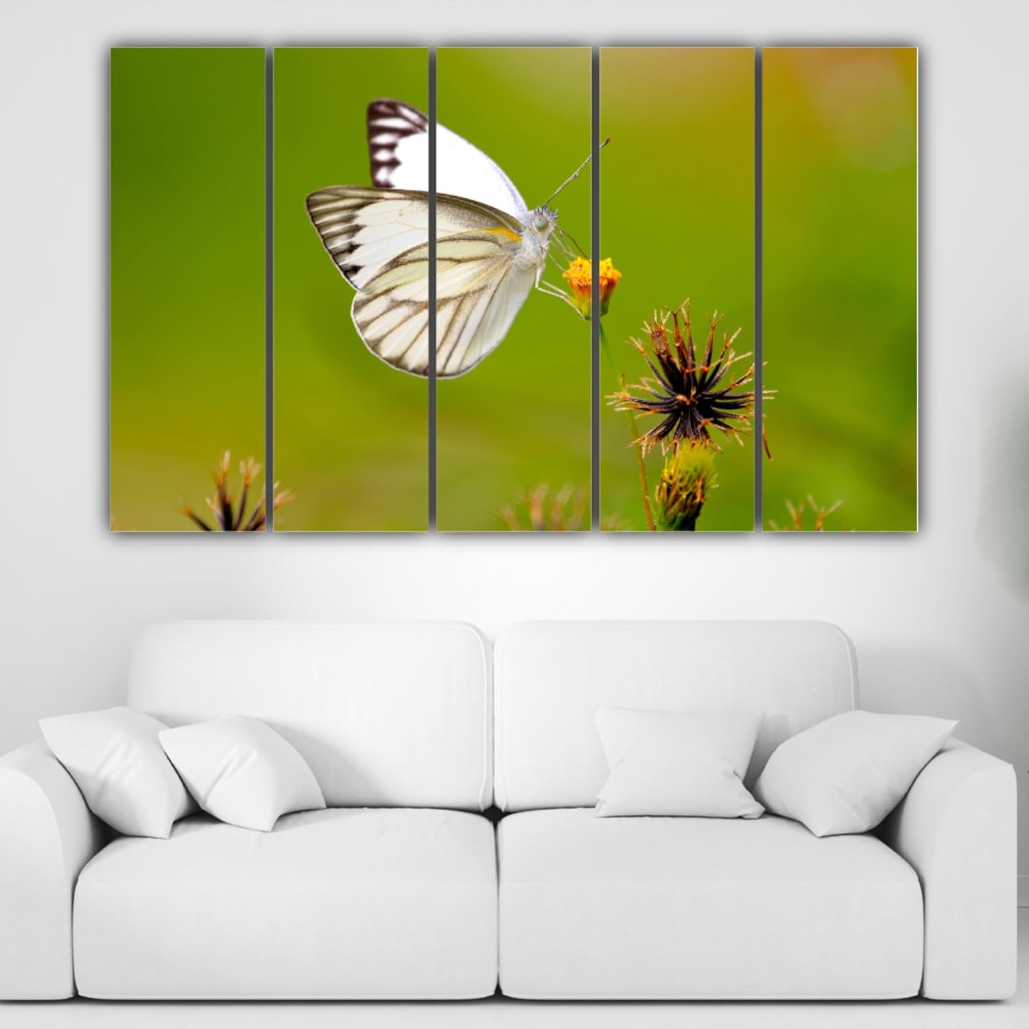 Close-up of the framed MDF panel from Butterfly Express 5-Panel Wall Art highlighting colorful butterfly details.
