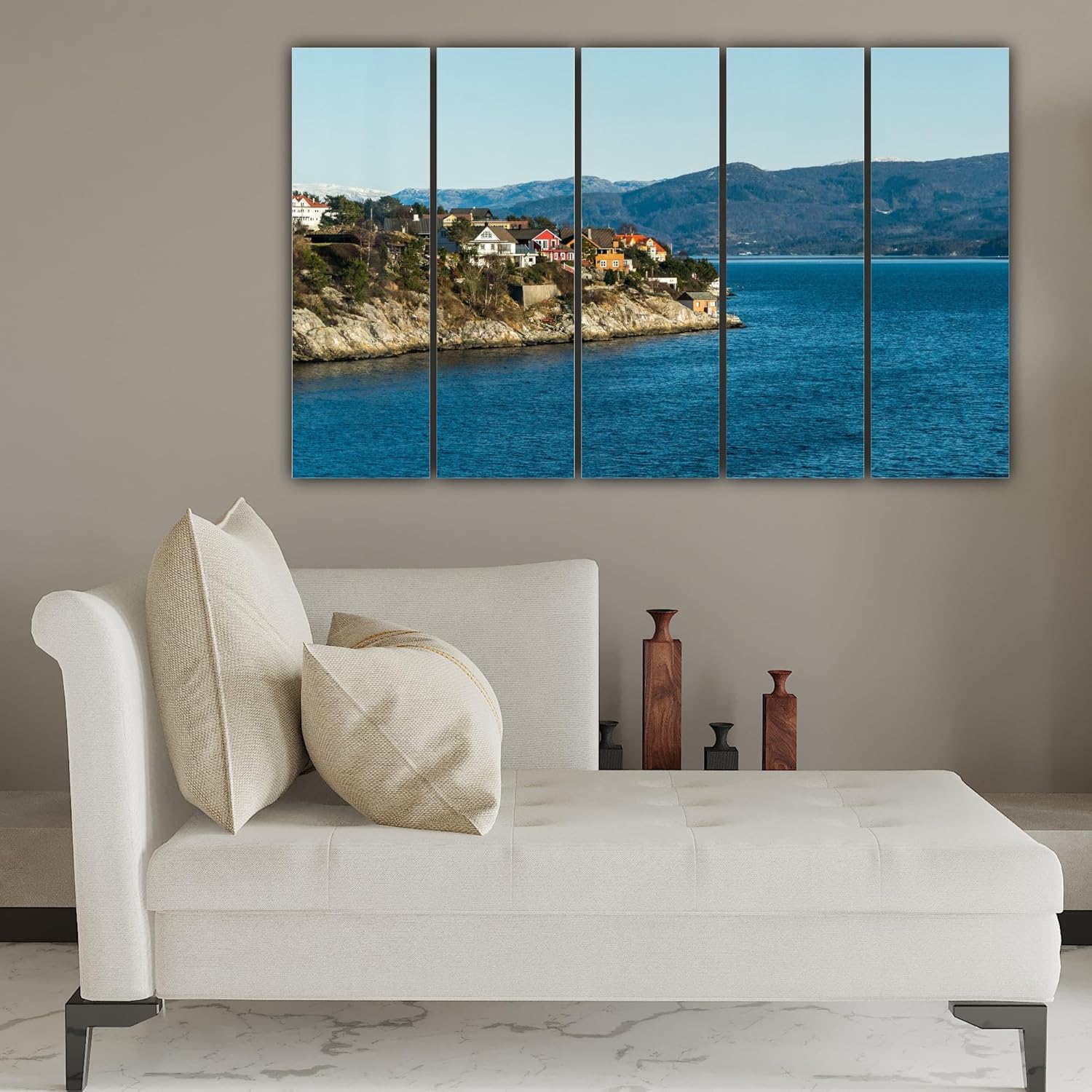 Close-up of the vibrant panels in Fjord-tastic Multi-Frame Norway Photography Framed Wall Art