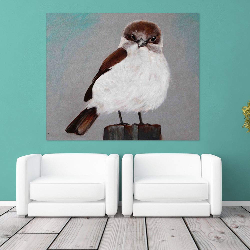 Bird-Brained Suspicion: Unframed Suspicious Bird Wall Art - quirky bird giving side-eye on white canvas.
