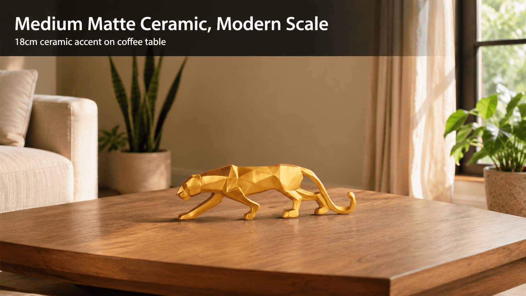 A neutral-toned ceramic decor object on a small wooden table in a living room