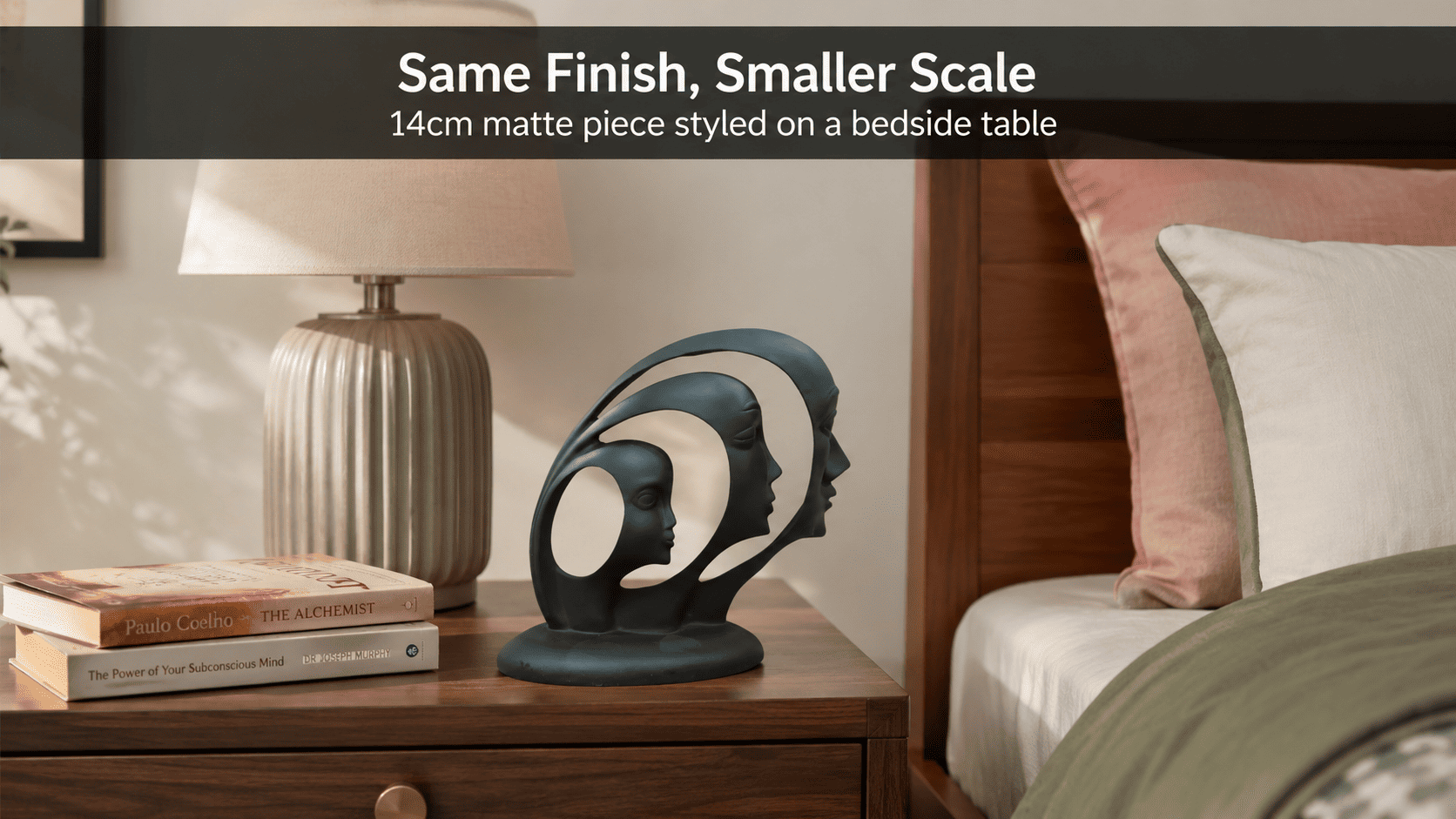 small decor grouping on a bedside table in a matching finish