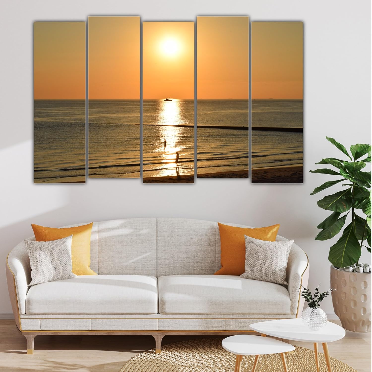 Close-up of Sea-sational Sunset Multi-Frame Framed Wall Art highlighting the vibrant sunset hues and wooden MDF frames.