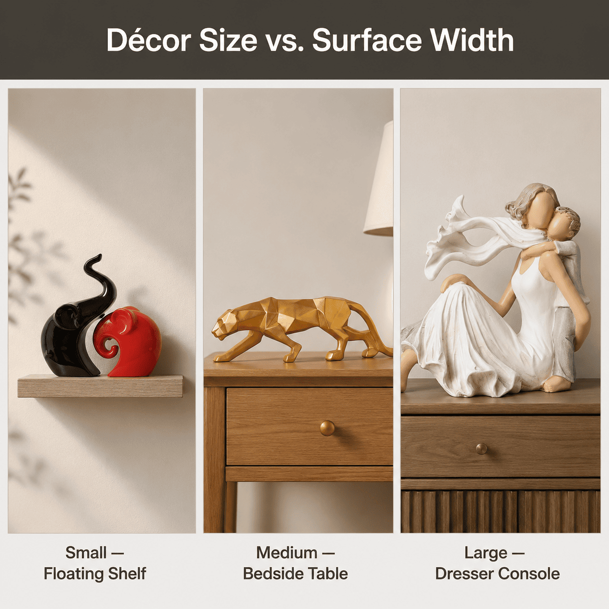 comparison grid of small, medium, and large décor pieces against different surfaces