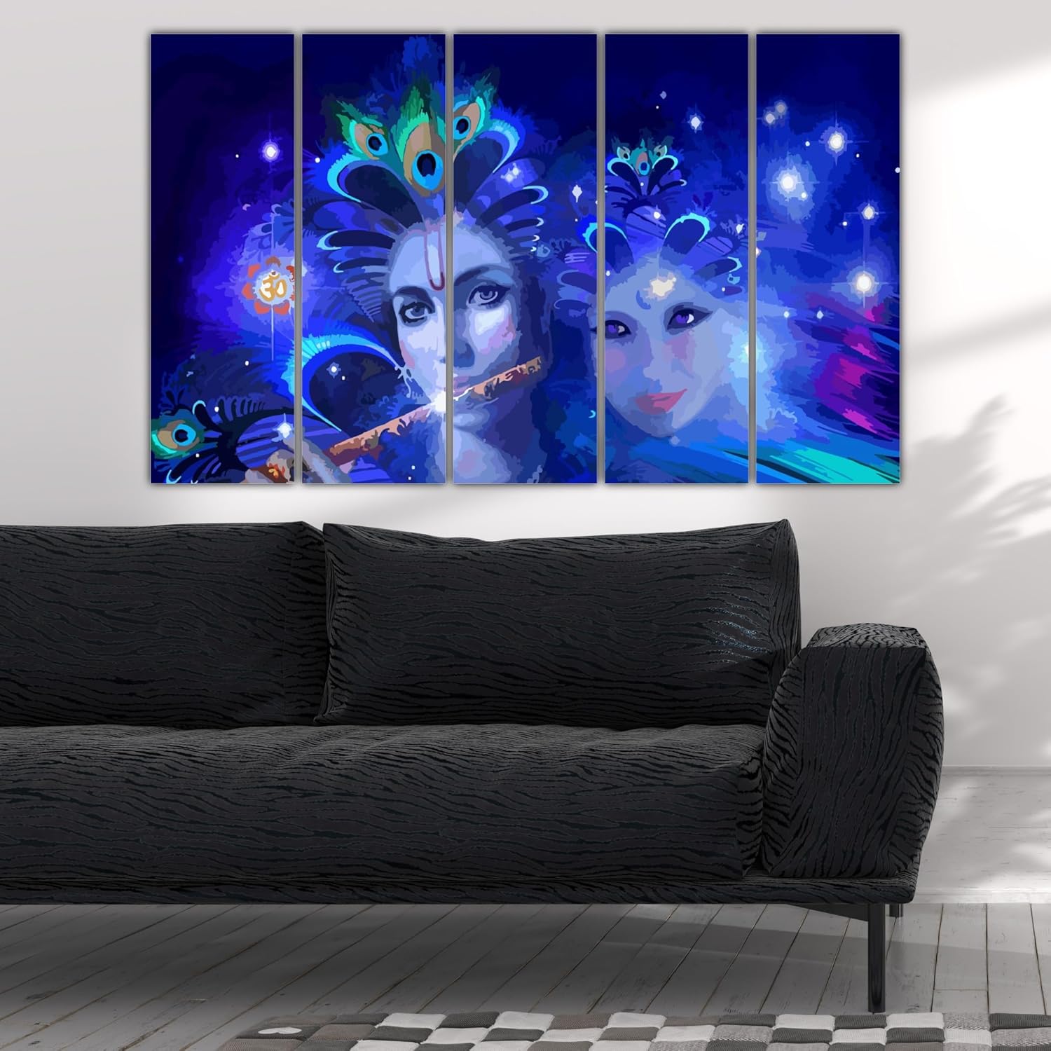 Close-up of Krishna Carnival Wall Arts vibrant vinyl print on wooden MDF frames ready to hang.