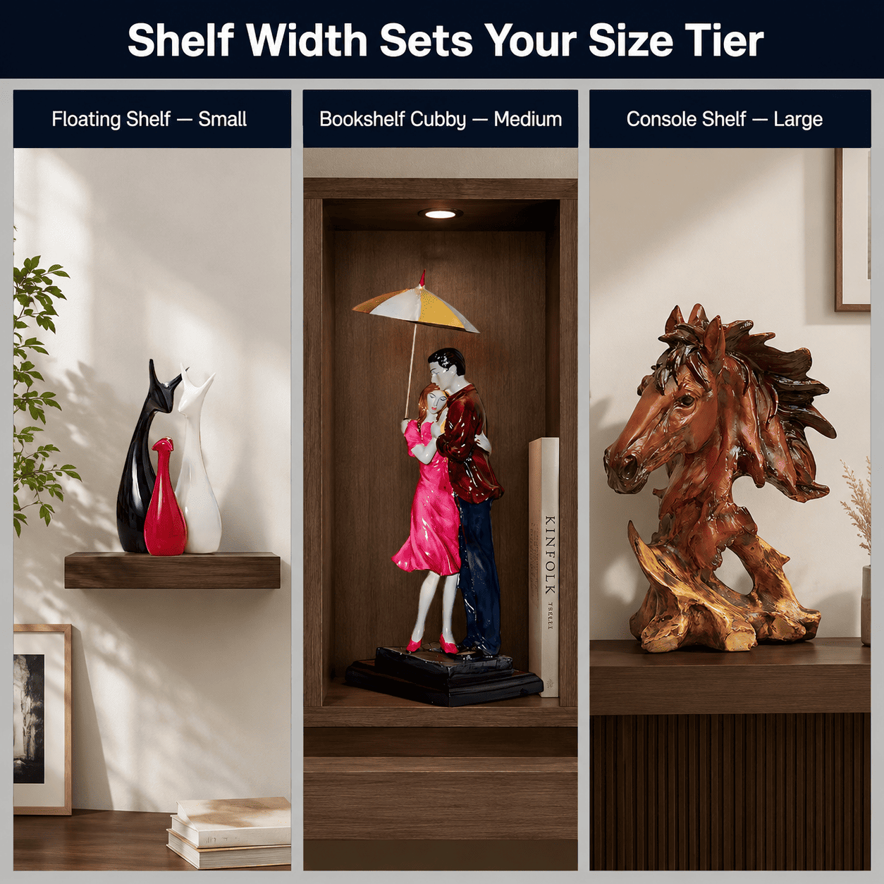 visual comparison grid of shelf sizes against decor heights