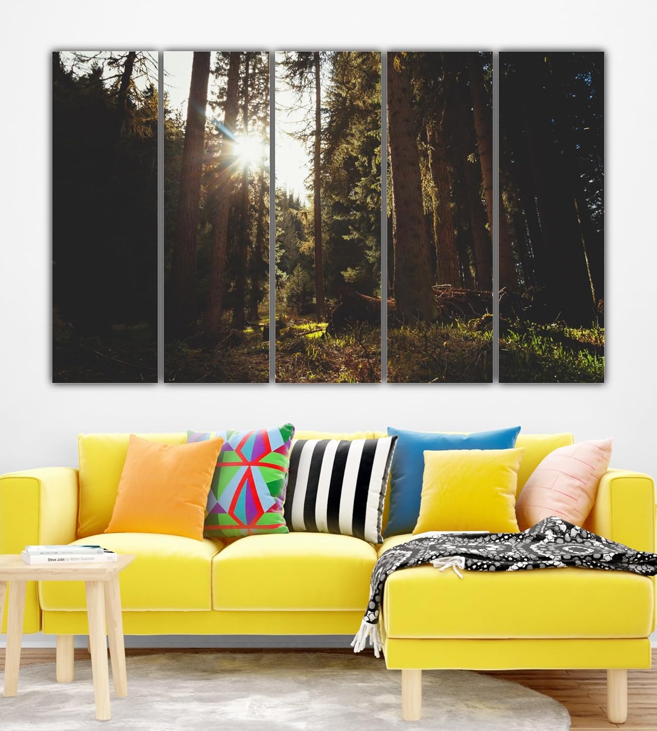 Five-panel view of Forest Frenzy Wall Art creating a panoramic forest scene