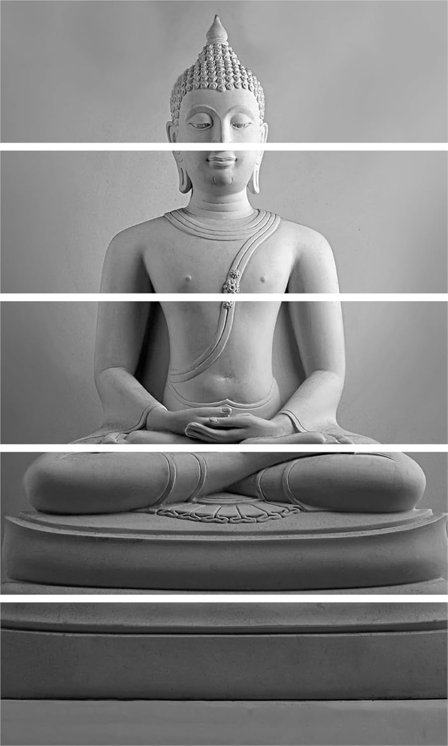 Close-up of Buddha-tiful Multi-Panel Wall Art showcasing detailed golden Buddha motifs and sleek black frames.