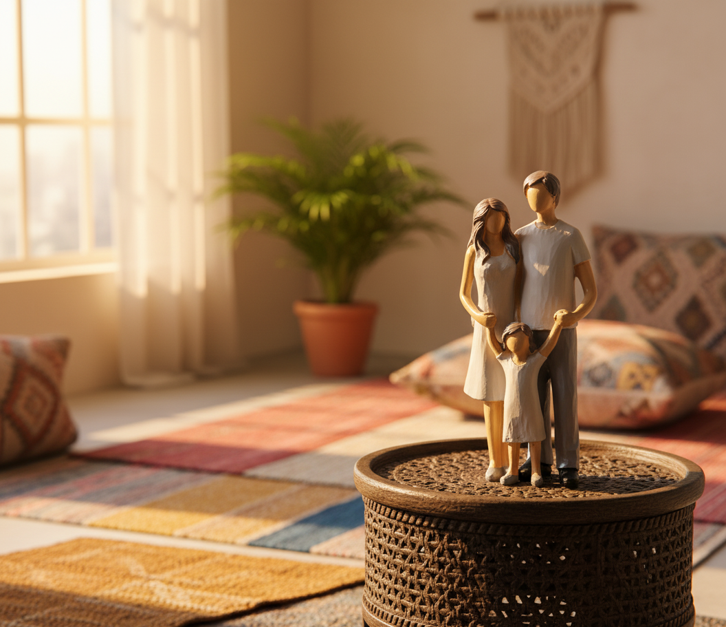 couple with child statue in grey for living room table