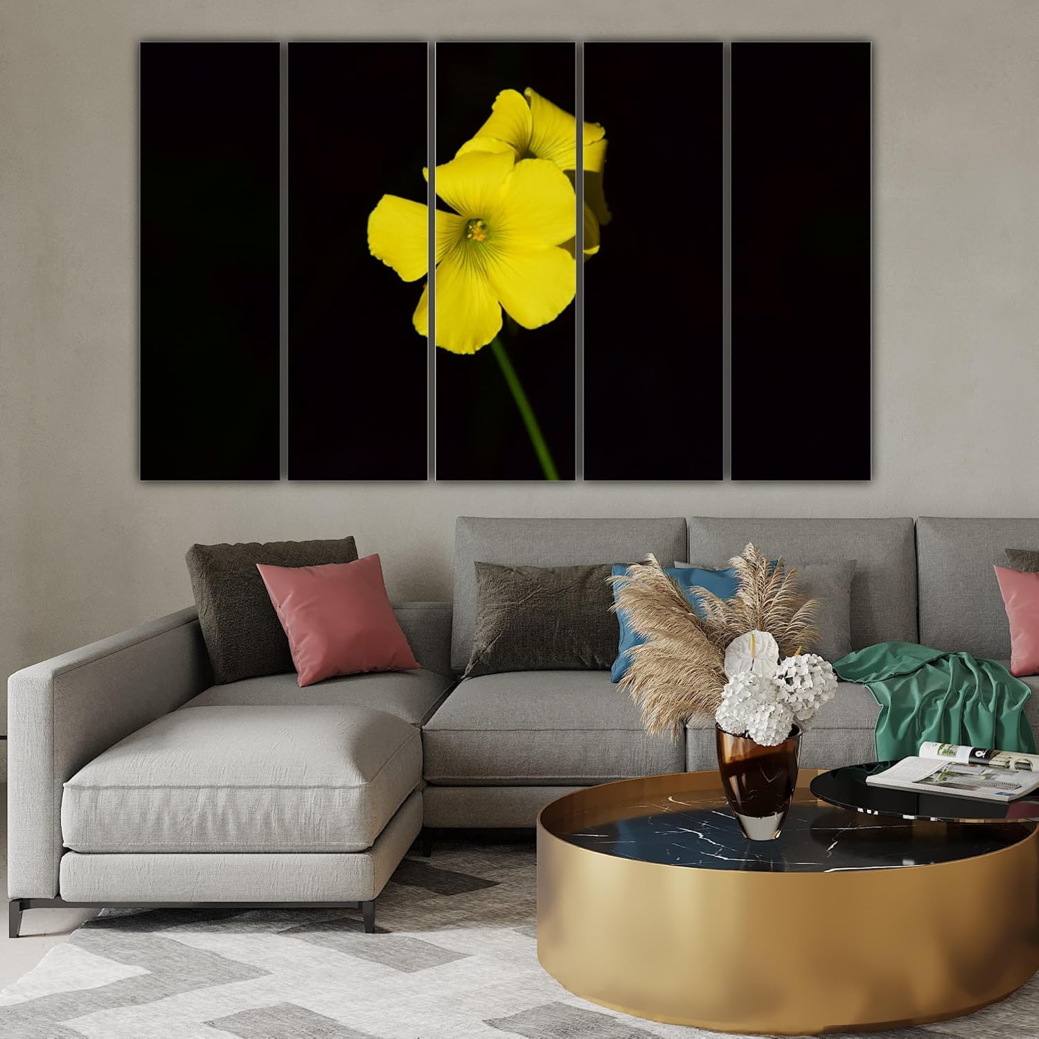 Close-up of vibrant yellow floral patterns on the Sunny Side Up: 5-Frame Yellow Flower Framed Wall Art Fiesta