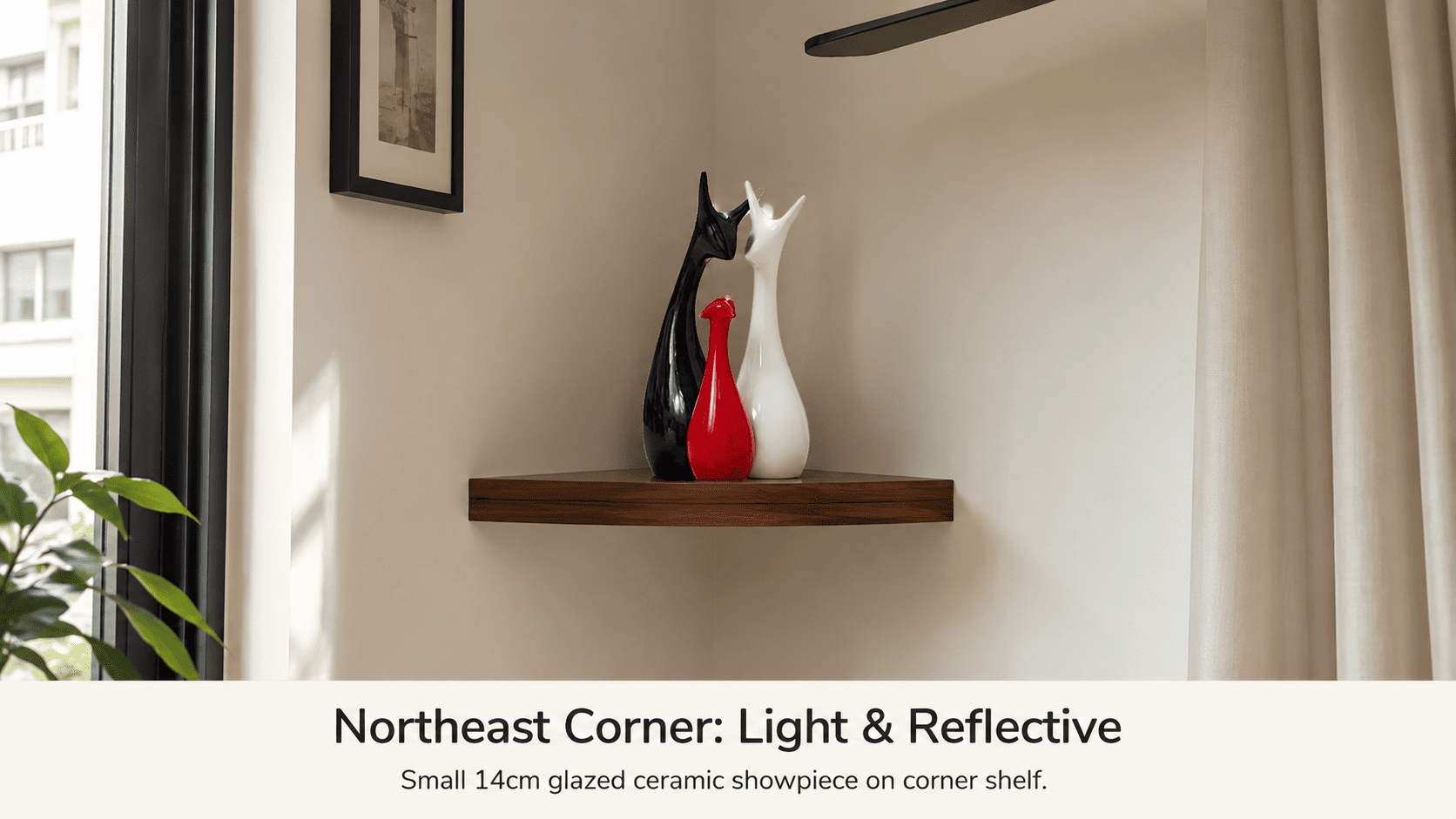 glazed ceramic showpiece on a northeast corner shelf in a living room