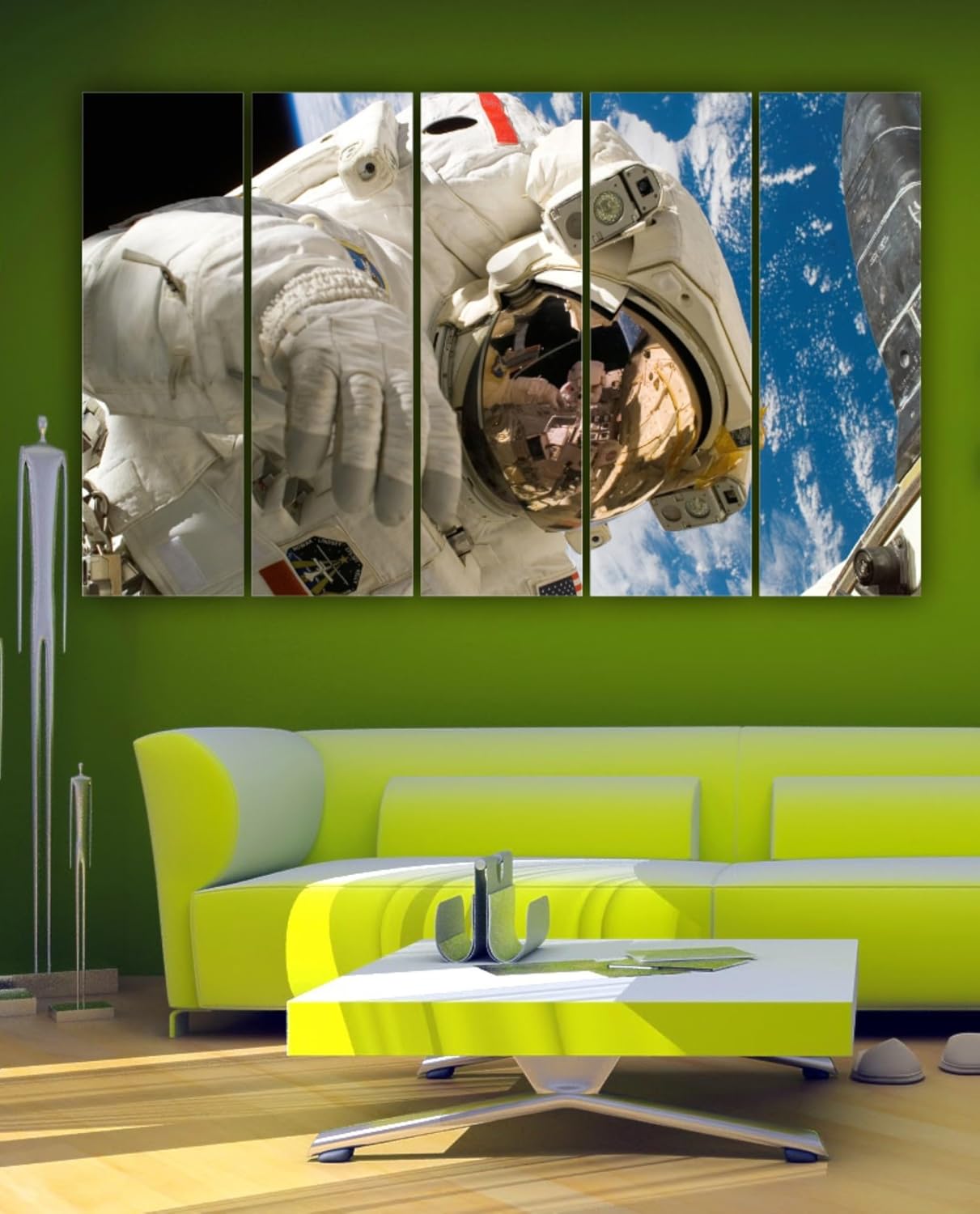 Close-up of Space-tacular Astronaut Photography Framed Wall Art highlighting splash-proof laminate and vivid cosmic colors
