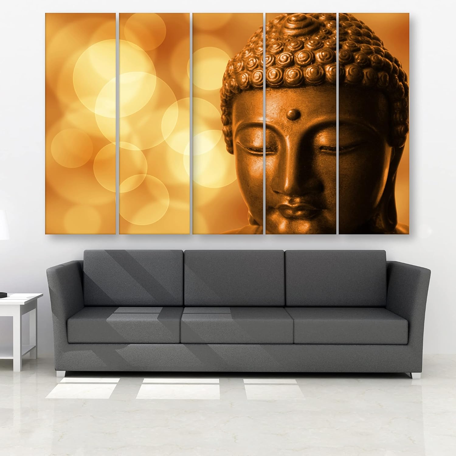 Close-up of the Buddha-tiful Golden Multi-Frame Framed Wall Art showing intricate golden Buddha imagery