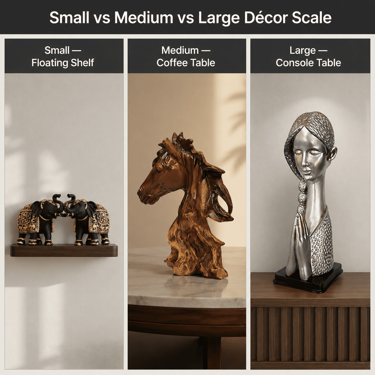 A grid comparing small, medium, and large decor pieces against their recommended surfaces