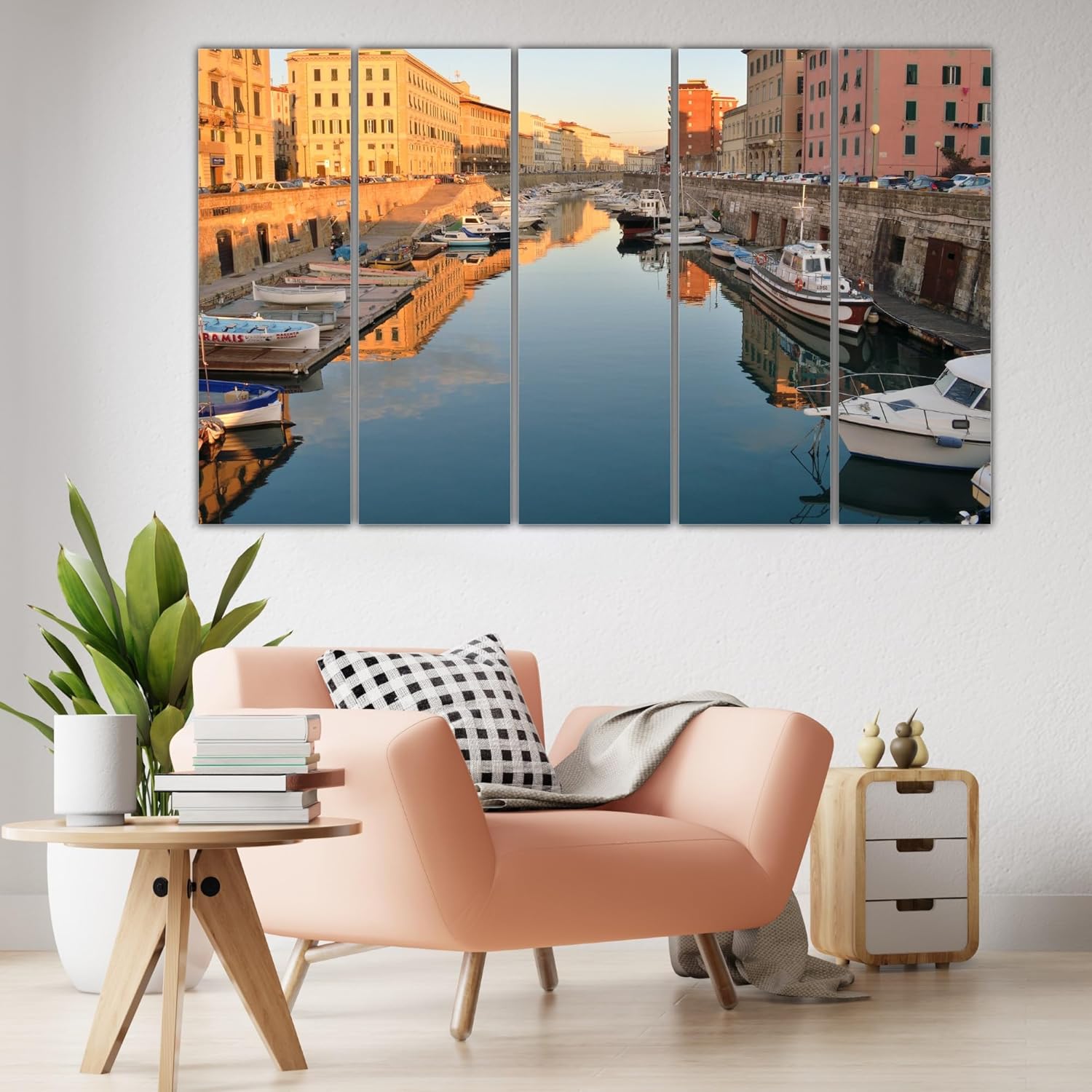 Close-up of the durable matte-laminated wooden MDF panels of the Gondola Groove: 5-Panel Venice Framed Wall Art