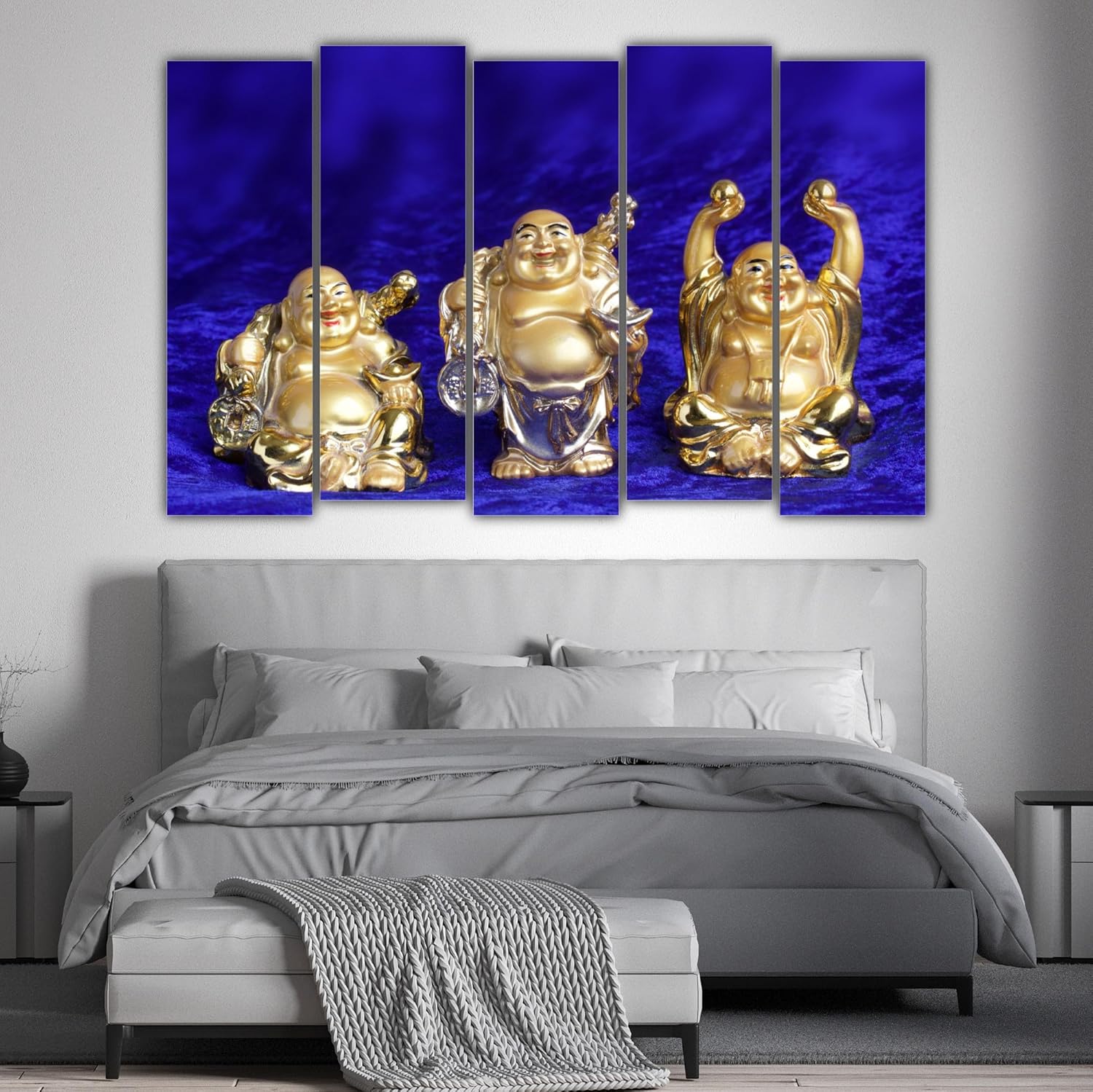 Close-up of vibrant framed Laughing Buddha panel in Buddha-larity Wall Art series