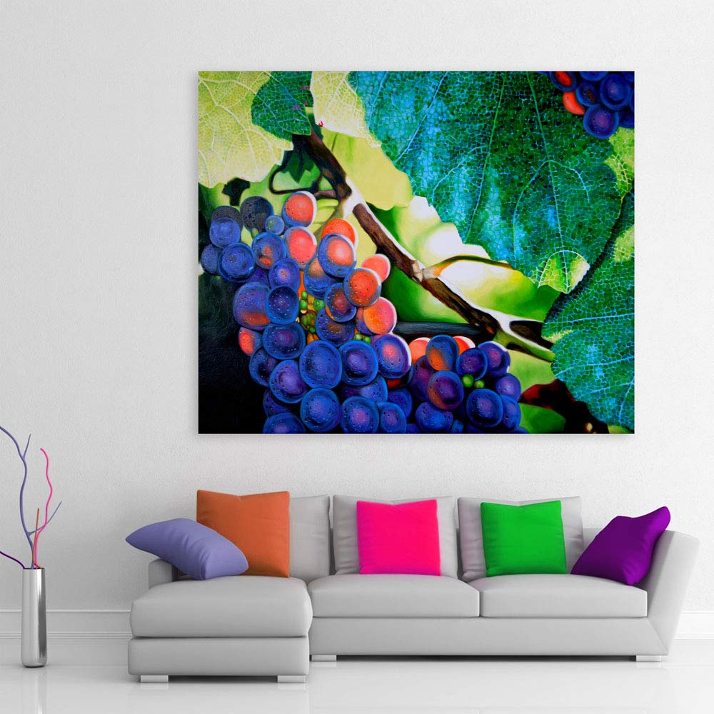 Close-up of grapes on 'Grape Escape: Juicy Unframed Canvas Wall Art (91x76cm Still Life Magic)' wall art