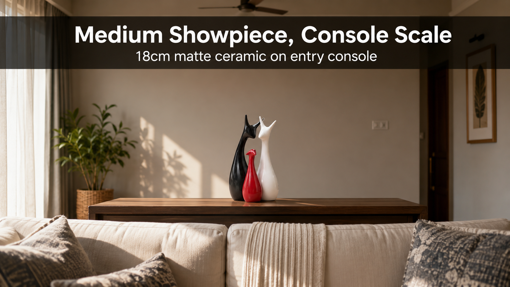 ceramic showpiece on console table next to sofa