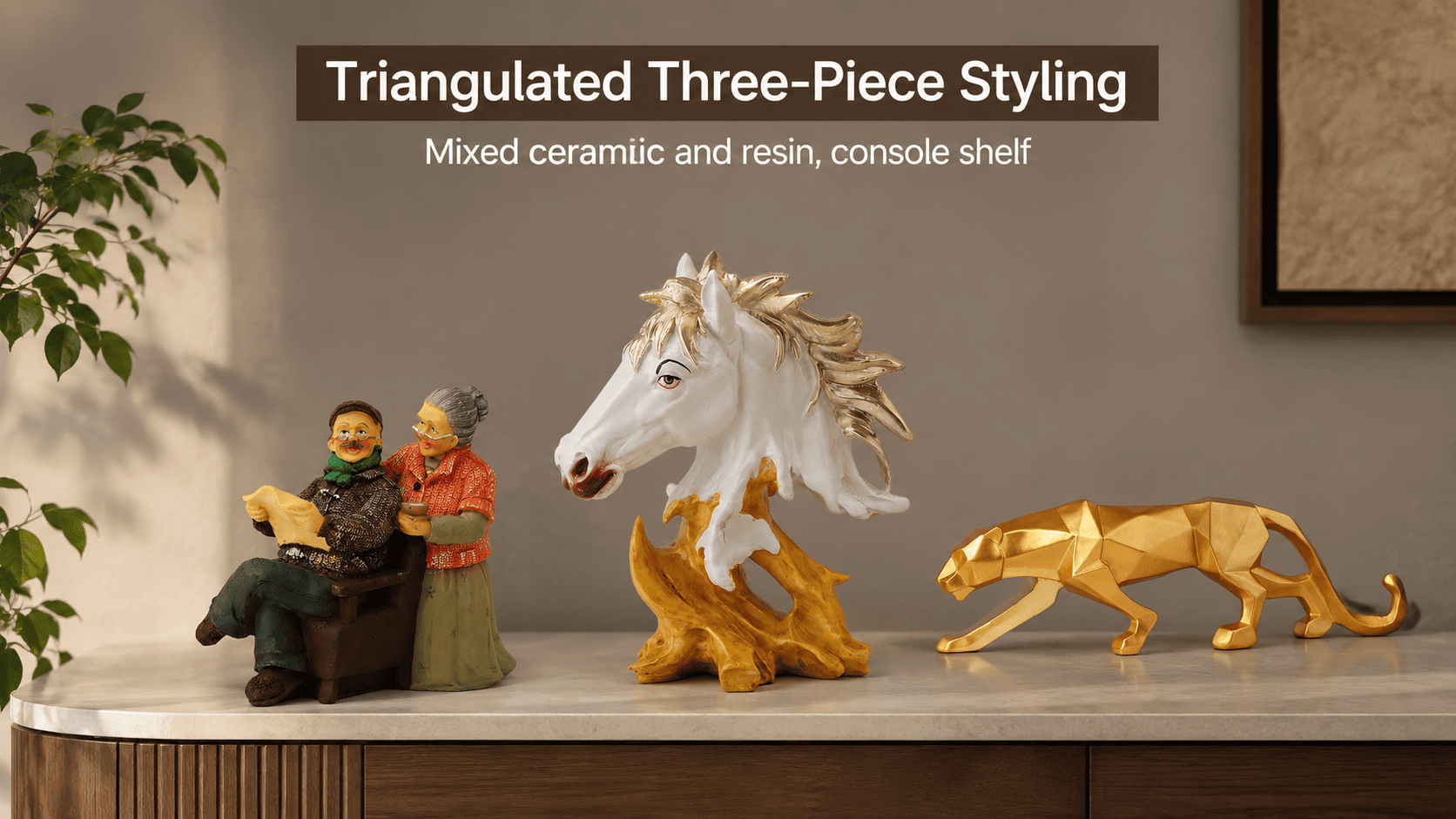A triangulated cluster of three showpieces at varying heights on a console shelf