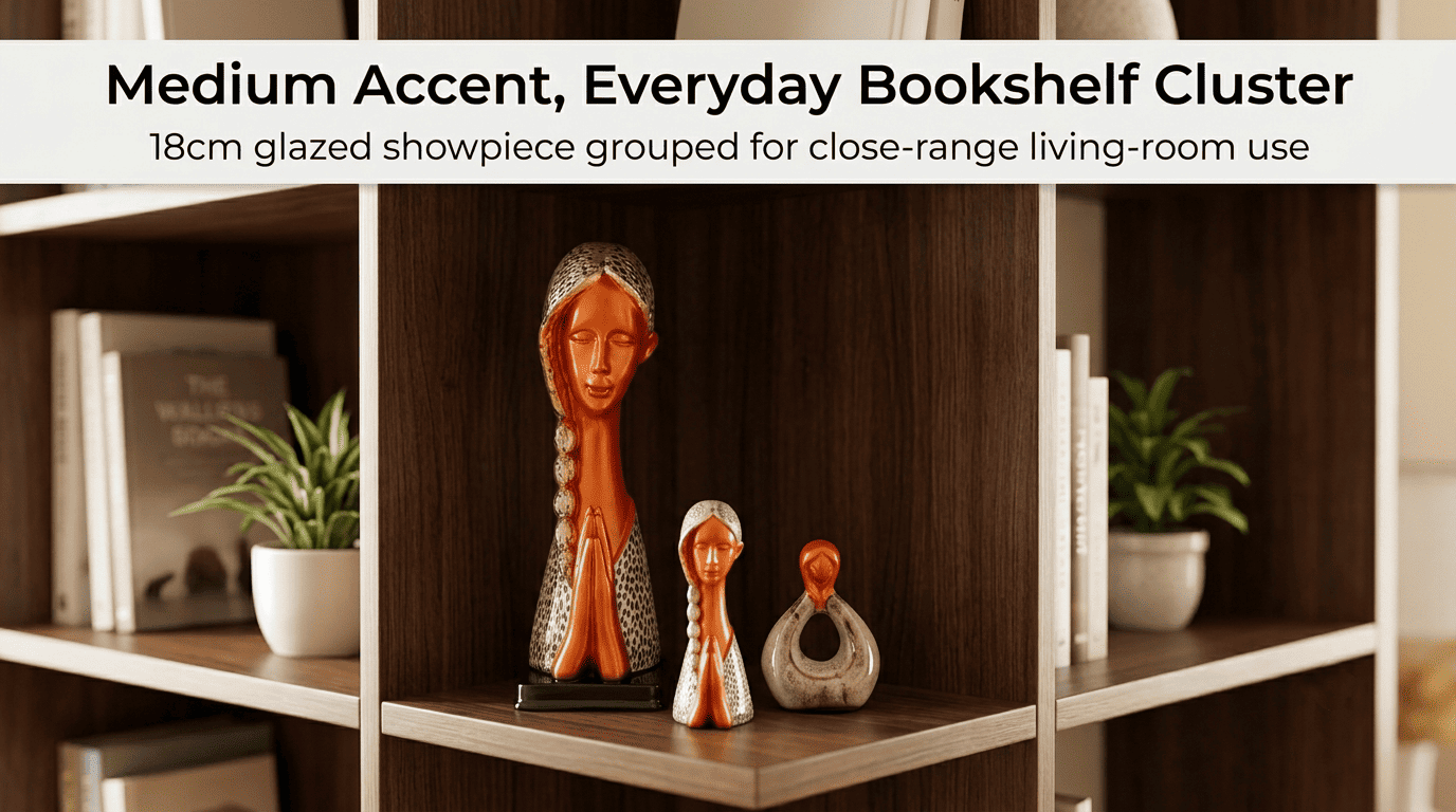 medium showpiece clustered with smaller pieces on a bookshelf