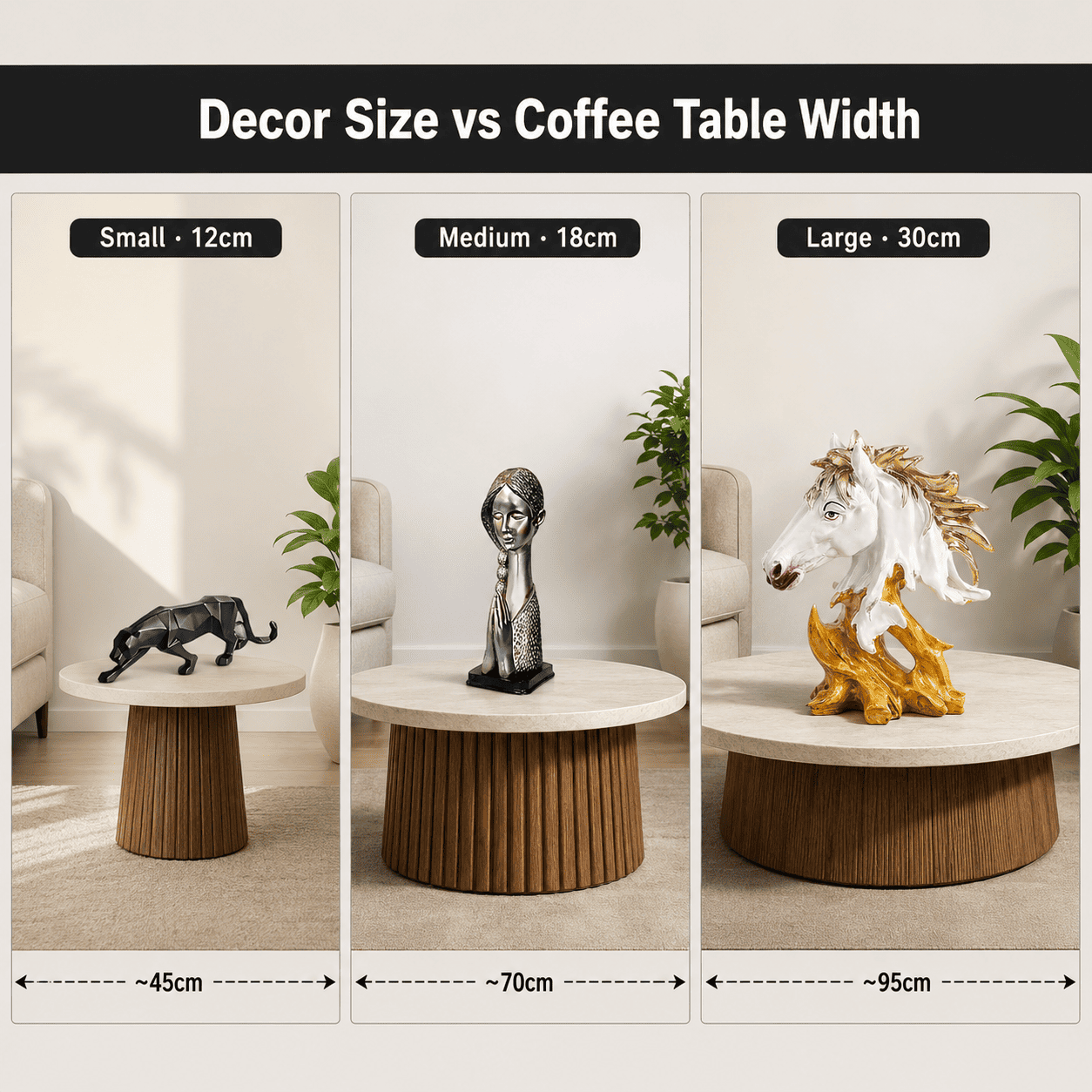 comparison grid of decor sizes against coffee table widths