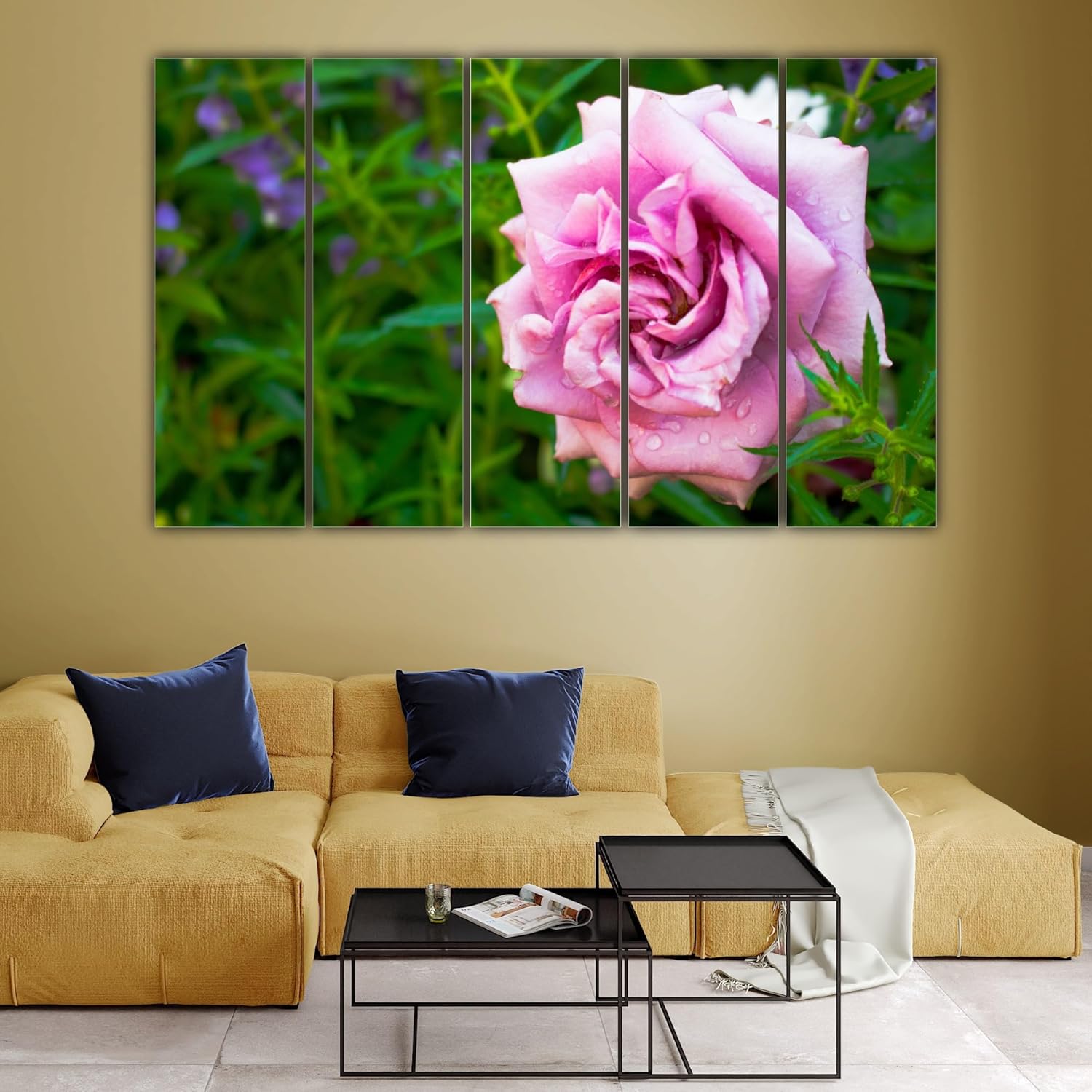 Close-up of vibrant floral prints on the framed multi-panel wall art