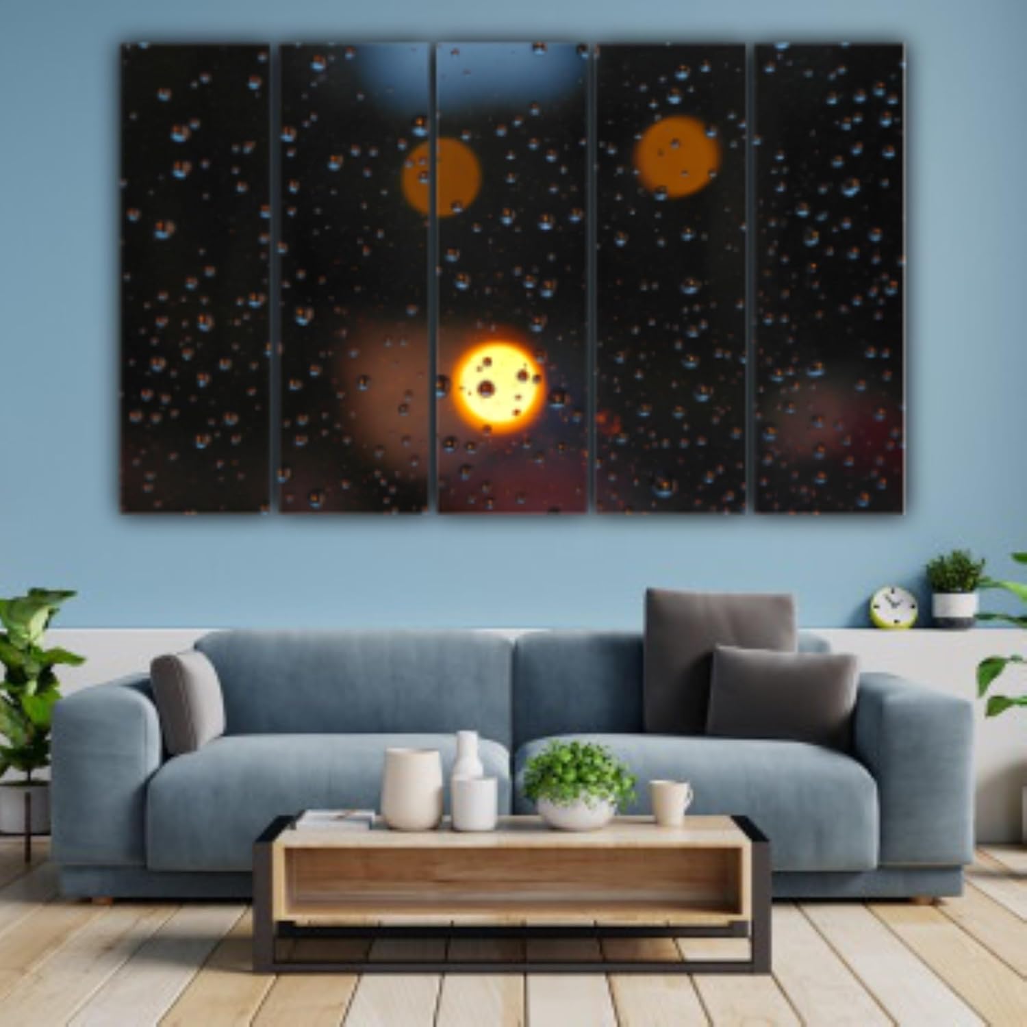 Close-up of Rainy Multi-Frame Photography Wall Art showing splash-proof matte finish on MDF frames