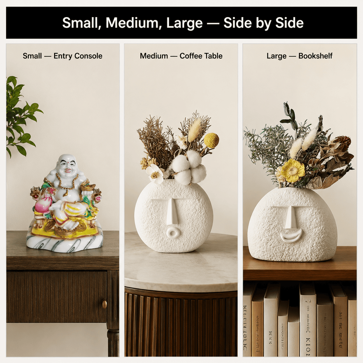 visual grid comparing small medium large decor pieces on different surfaces