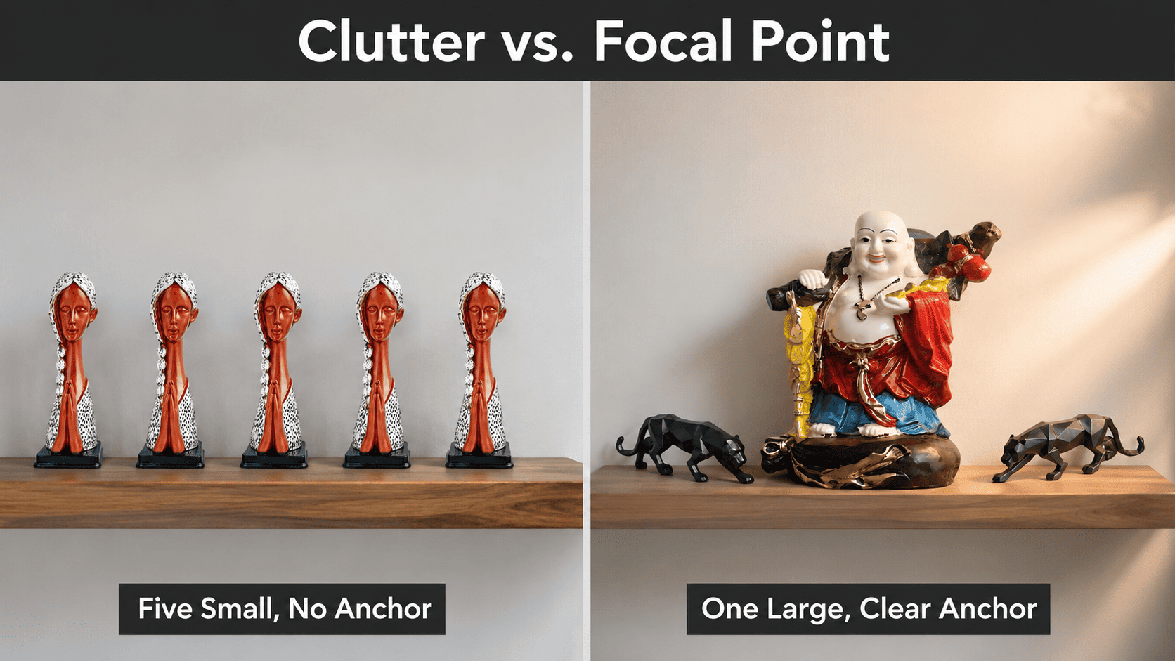 cluttered small object grouping versus single large statement piece