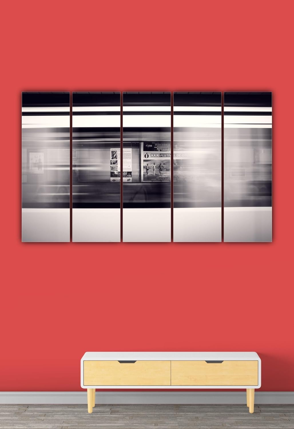 Close-up of the framed panels of Choo-Choo Crew! Moving Train Photography Wall Art with detailed colors and sleek wooden MDF edges.
