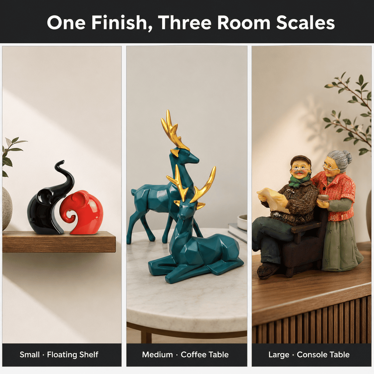 comparison grid of small medium and large decor pieces on different surfaces