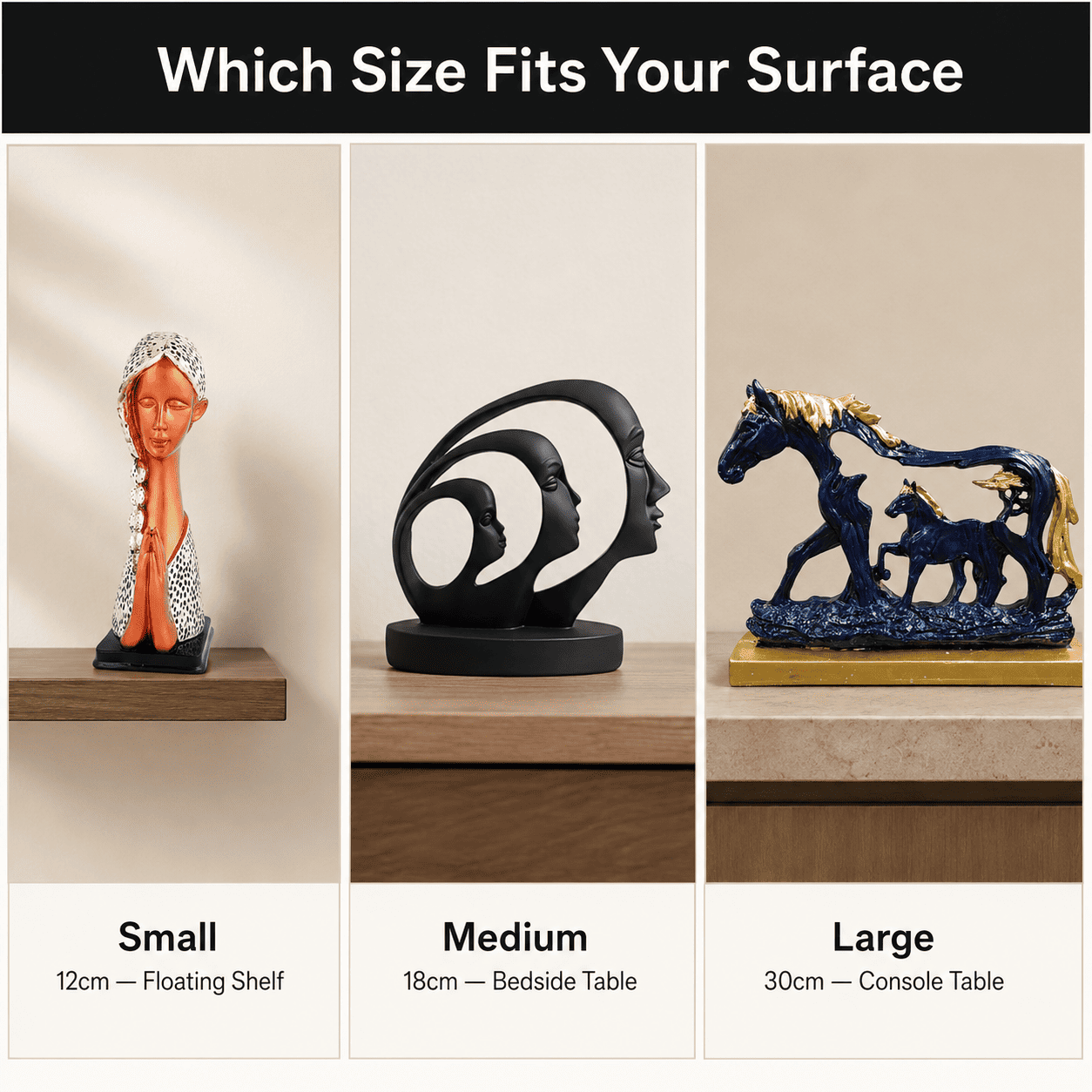 size comparison grid of small medium and large home decor pieces across room surfaces
