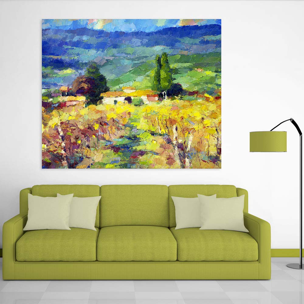 Grow Your Vibe with Through the Fields Unframed Nature Wall Art showcasing a golden countryside meadow