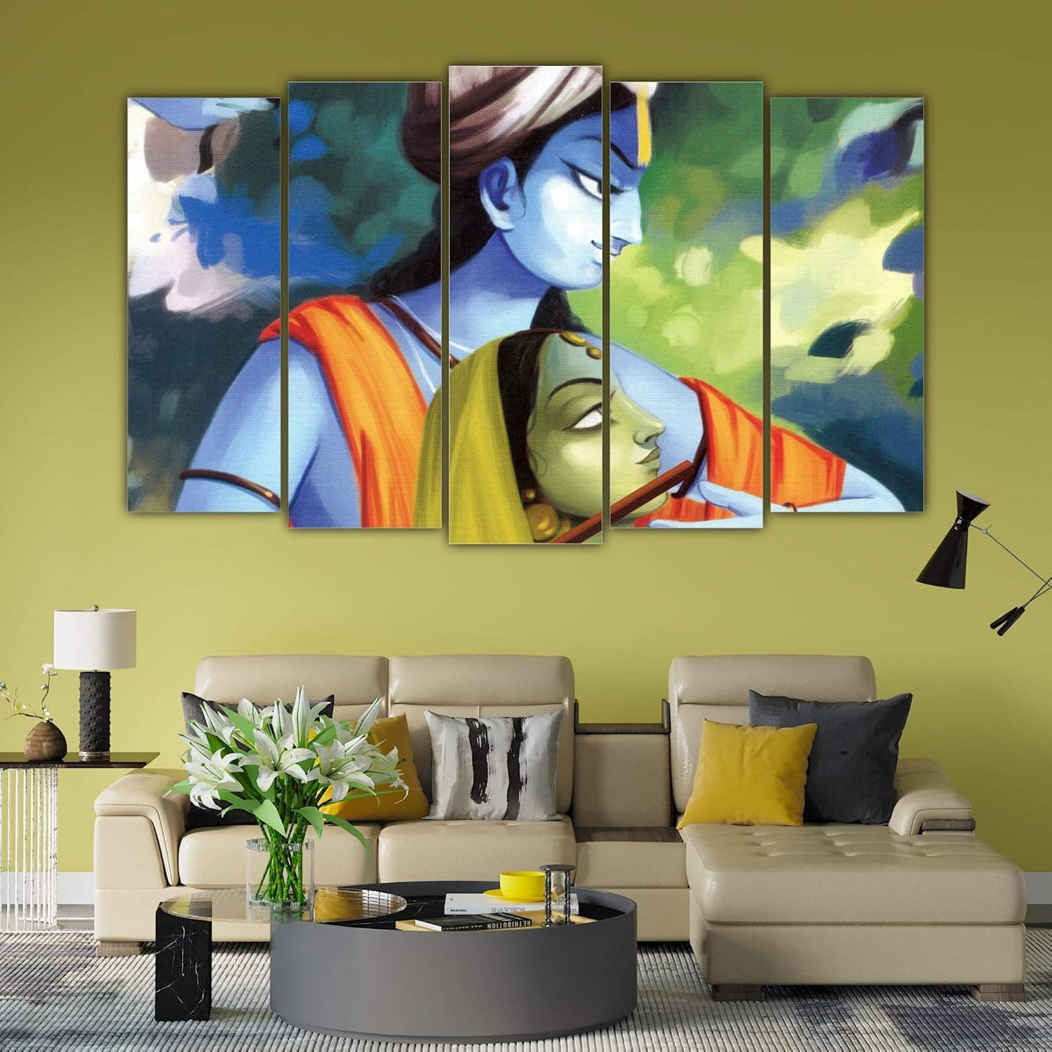 Close-up of Radha-Krishna framed Wall Art panels showing vibrant colors