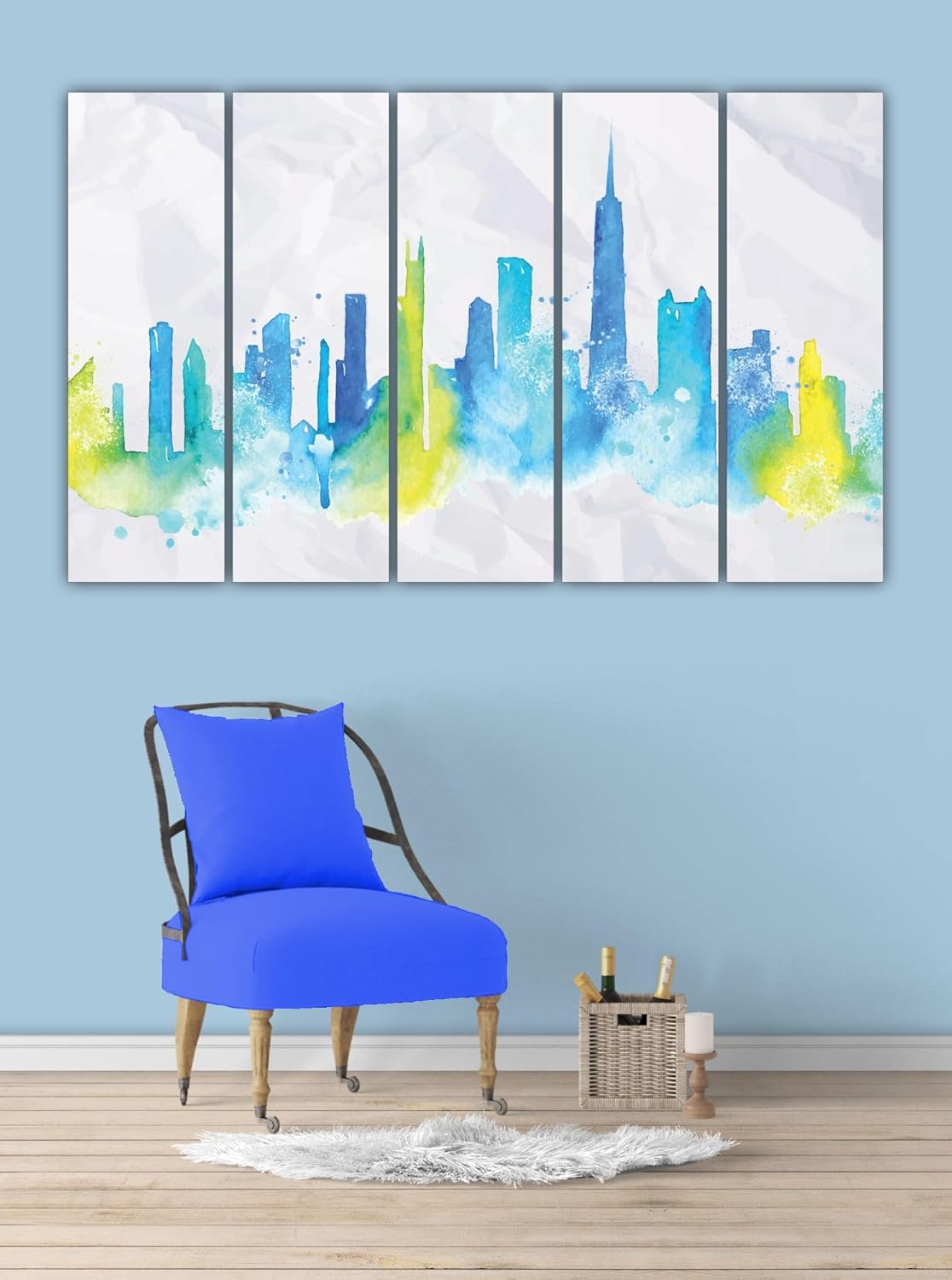 Vibrant multi-panel Chicago skyline abstract wall art in pre-framed MDF panels ready to hang.