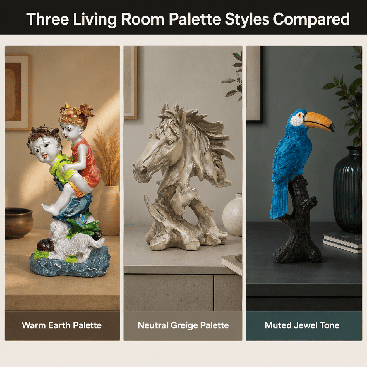 Three living room colour palette styles compared side by side with matching décor scale