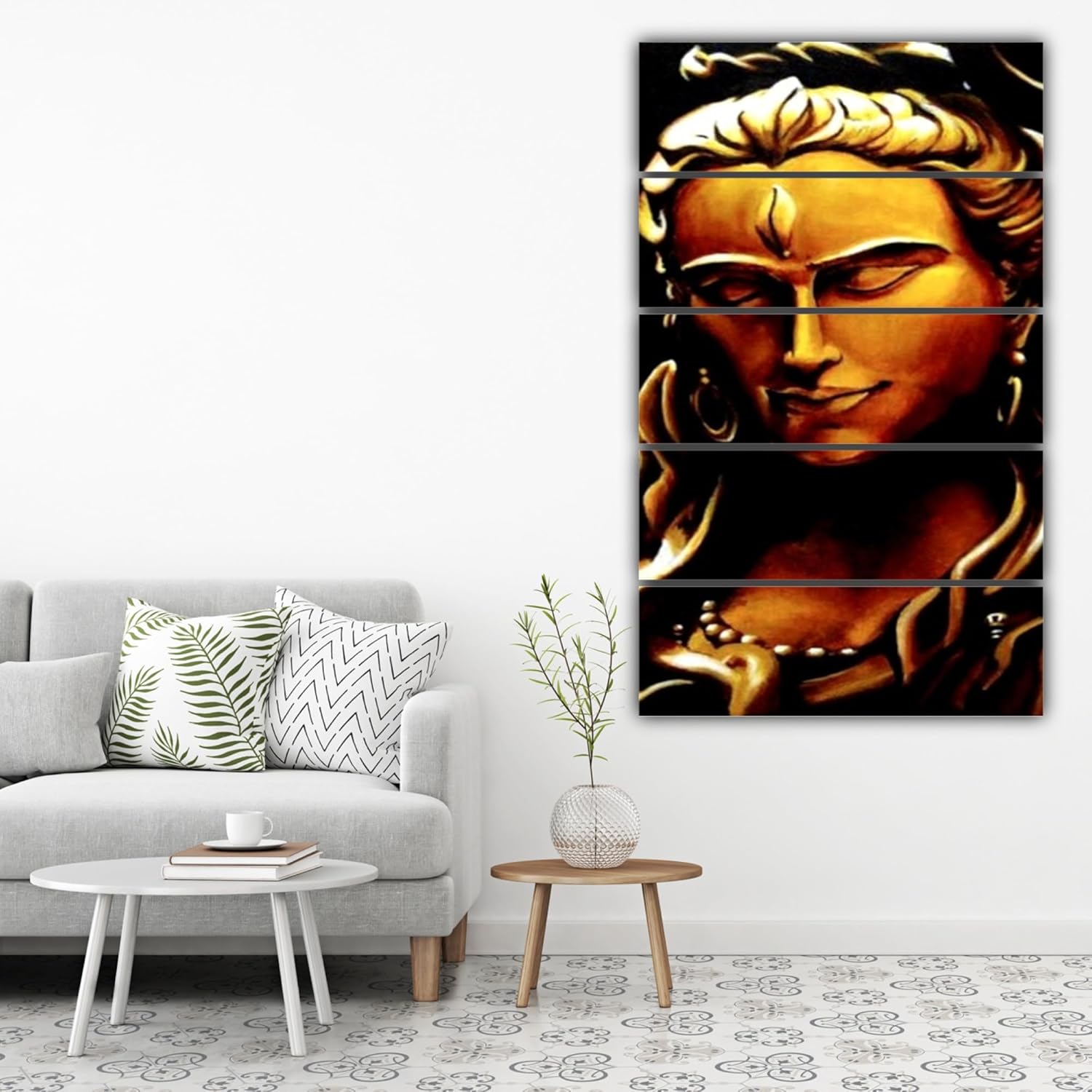 Close-up of Om-My-Shiva: 5-Frame Framed Wall Art highlighting the vivid, splash-resistant prints.