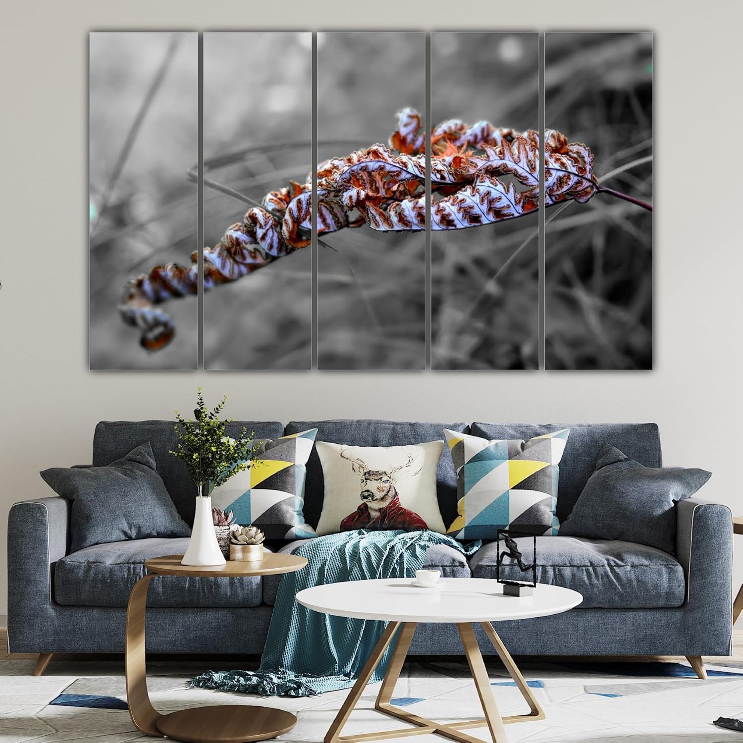 Cozy living room with Leaf It to Autumn Wall Art hung above a sofa, featuring autumn photography in multi-frame style.