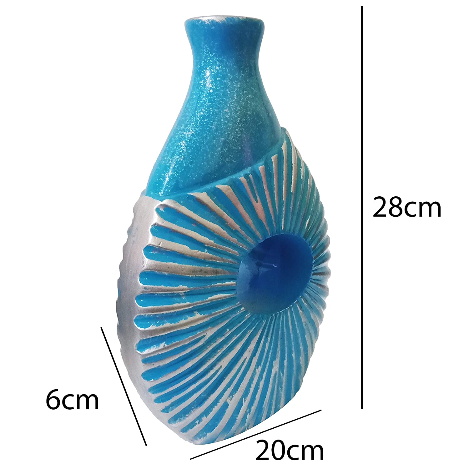 Blue handmade vase with sun emblem, displayed on kitchen countertop.