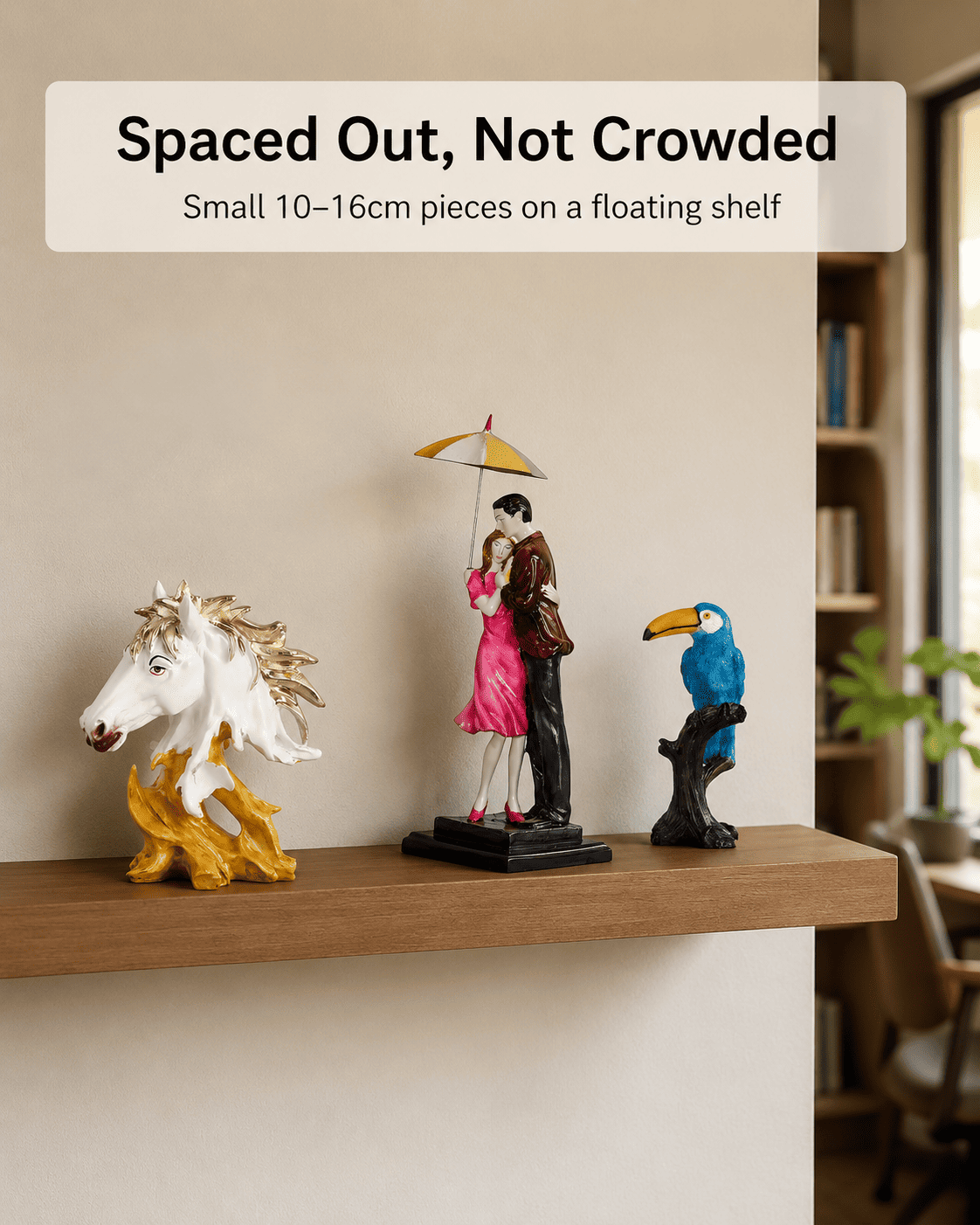 floating shelf with small decorative pieces grouped with visible spacing