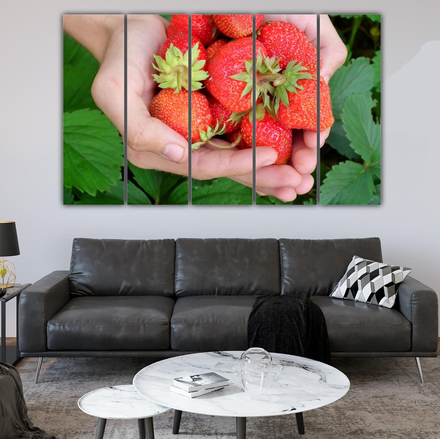 Strawberry-licious 5-Panel Framed Photography That'll Make Your Walls Blush - Berry Gorgeous Wall Art (127x76cm) capturing juicy strawberries in vivid detail across five frames.