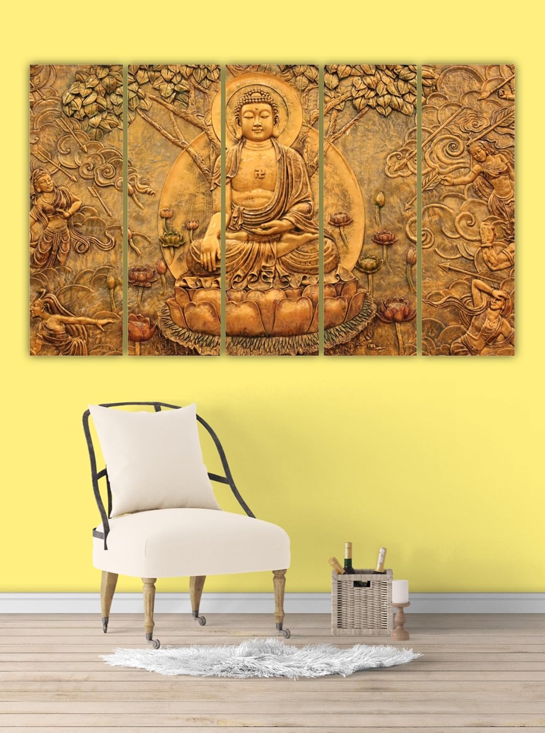 Zen-sational Buddha 5-Panel Framed Wall Art close-up showing vibrant details and wooden MDF frames